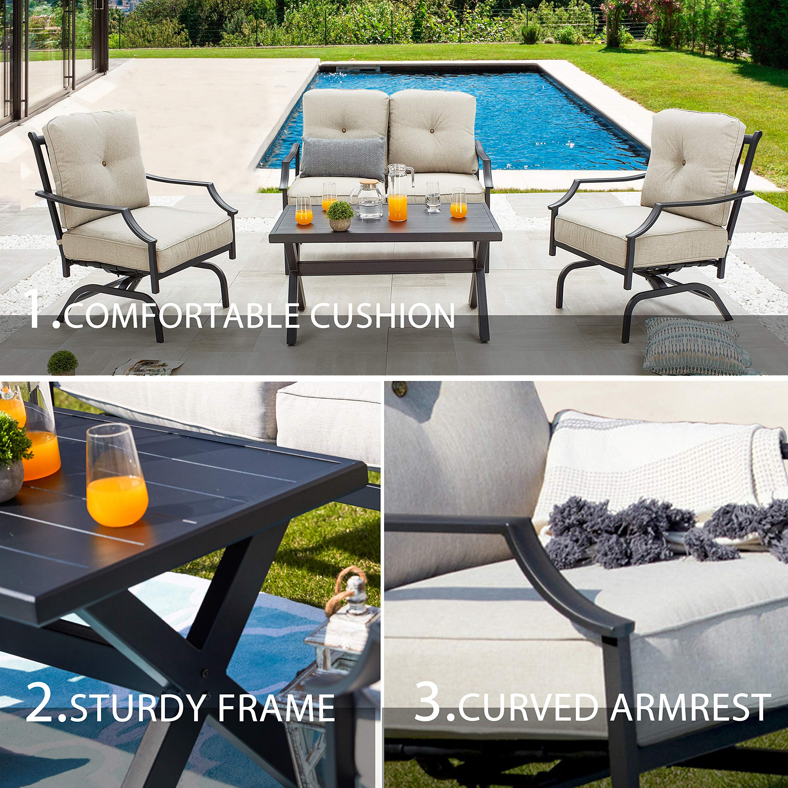 LOKATSE HOME 4-Piece Outdoor Patio Furniture Set - Metal Bistro Chairs with Cushions & Coffee Table, Beige Conversation Set for Garden, Backyard, Poolside & Balcony