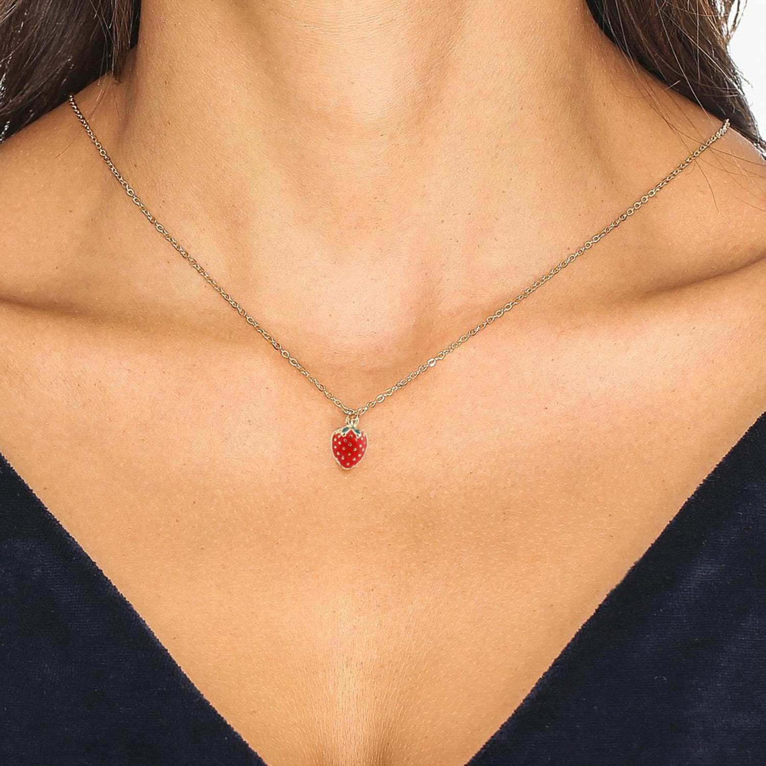 Strawberry Pendant Necklace for Women - Cute Mini Red Drop Oil Jewelry, Dainty Freshwater Pearl Charm | Perfect for Valentine's Day Gifts, Birthday Presents & Everyday Fashion Accessories