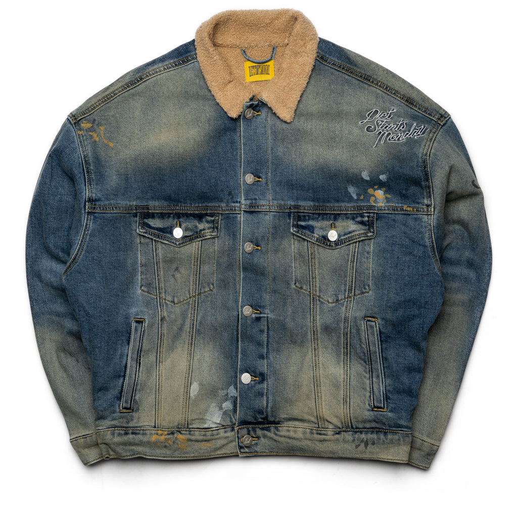 Diet Starts Monday Denim Sherpa Trucker Jacket - Indigo Wash Distressed Vintage Style for Men & Women | Perfect for Casual Outfits, Fall Layering and Outdoor Adventures