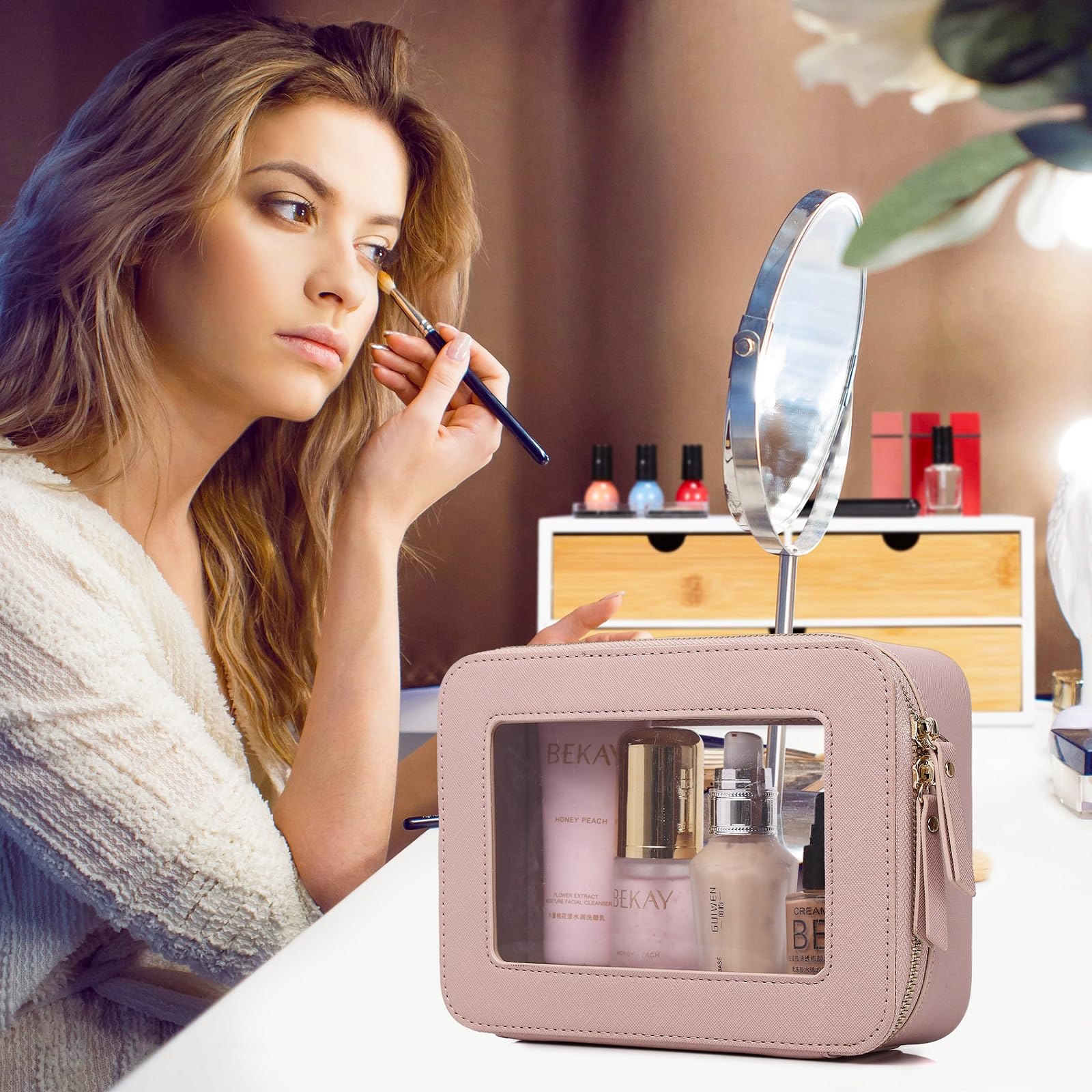 Clear Makeup Bag for Women Waterproof Travel Cosmetics Toiletries Case Portable Makeup Organizer with Zipper Pink Medium Size for Gym Beach Vacation