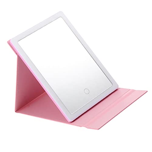 OSALADI LED Lighted Makeup Mirror with Touch Sensor - Rechargeable Vanity Mirror with Adjustable Brightness, Foldable Design for Tabletop & Travel (Pink) - Perfect for Home Makeup, Hotel Travel & Gift Giving