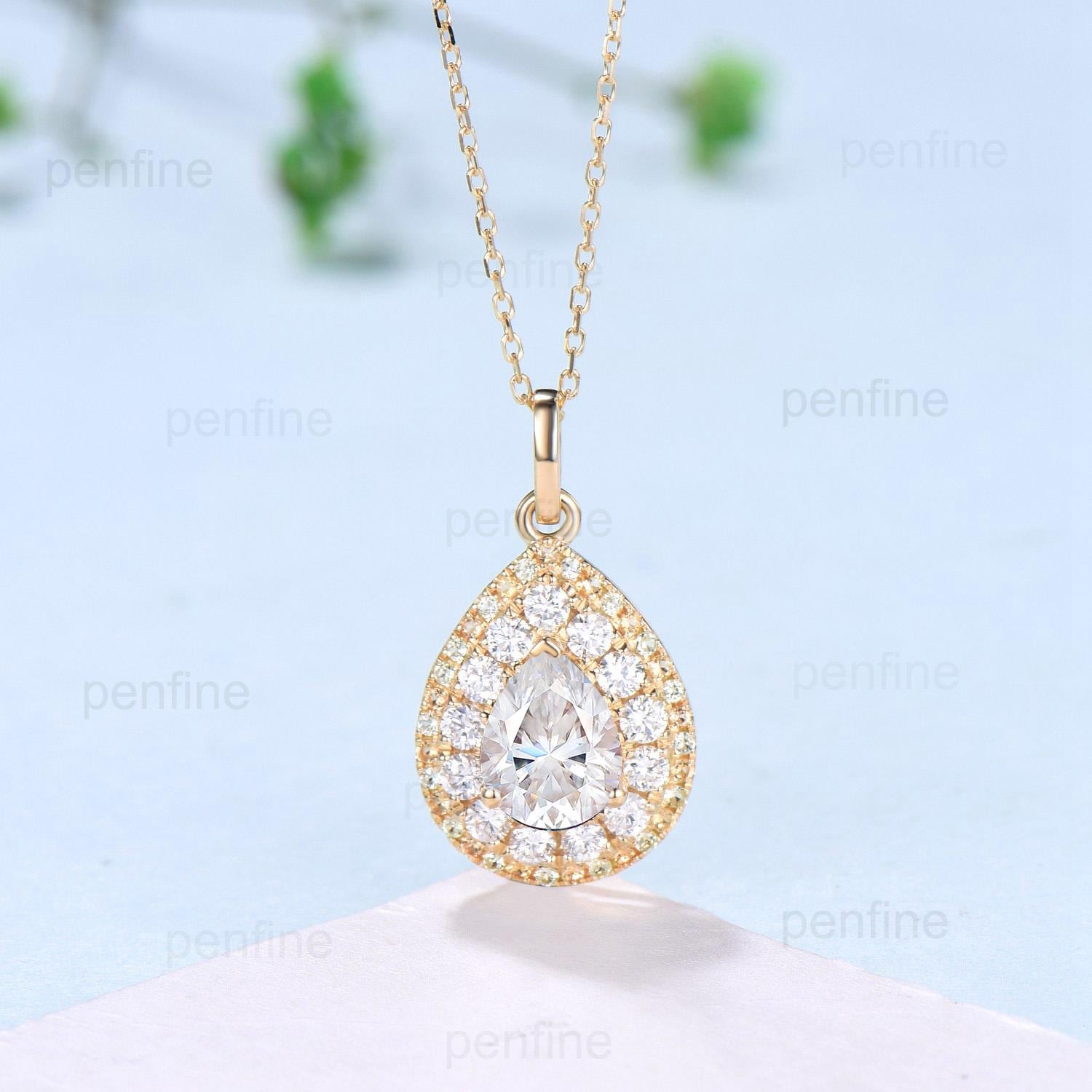 Double Halo Pear Shaped Moissanite Necklace - Vintage Style Lab Grown Diamond Pendant in 18K Yellow Gold - Elegant Engagement Gift for Women - Perfect for Weddings, Anniversaries & Special Occasions