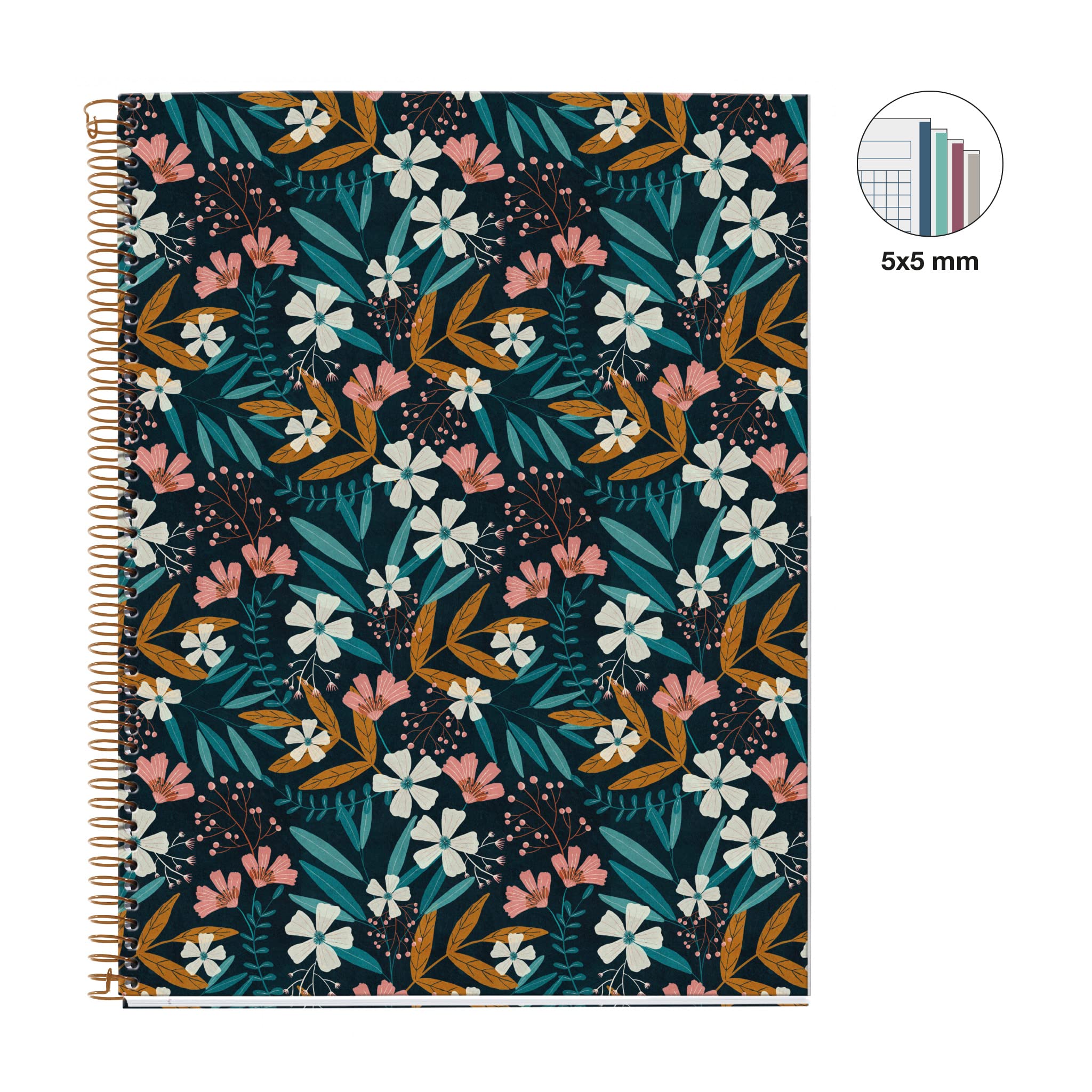 Miquelrius A4 Spiral Notebook - 5x5mm Grid, 120 Sheets, Wildflowers Collection (Blue Flowers) - Perfect for School, Office & Journaling