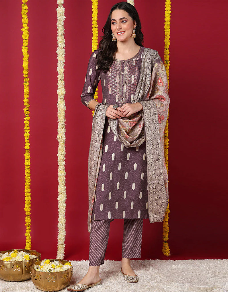 Blended Silk Ready-Made Suit Set with Dupatta - Congo Brown Straight Pant for Women | Elegant Ethnic Wear for Weddings & Festivals