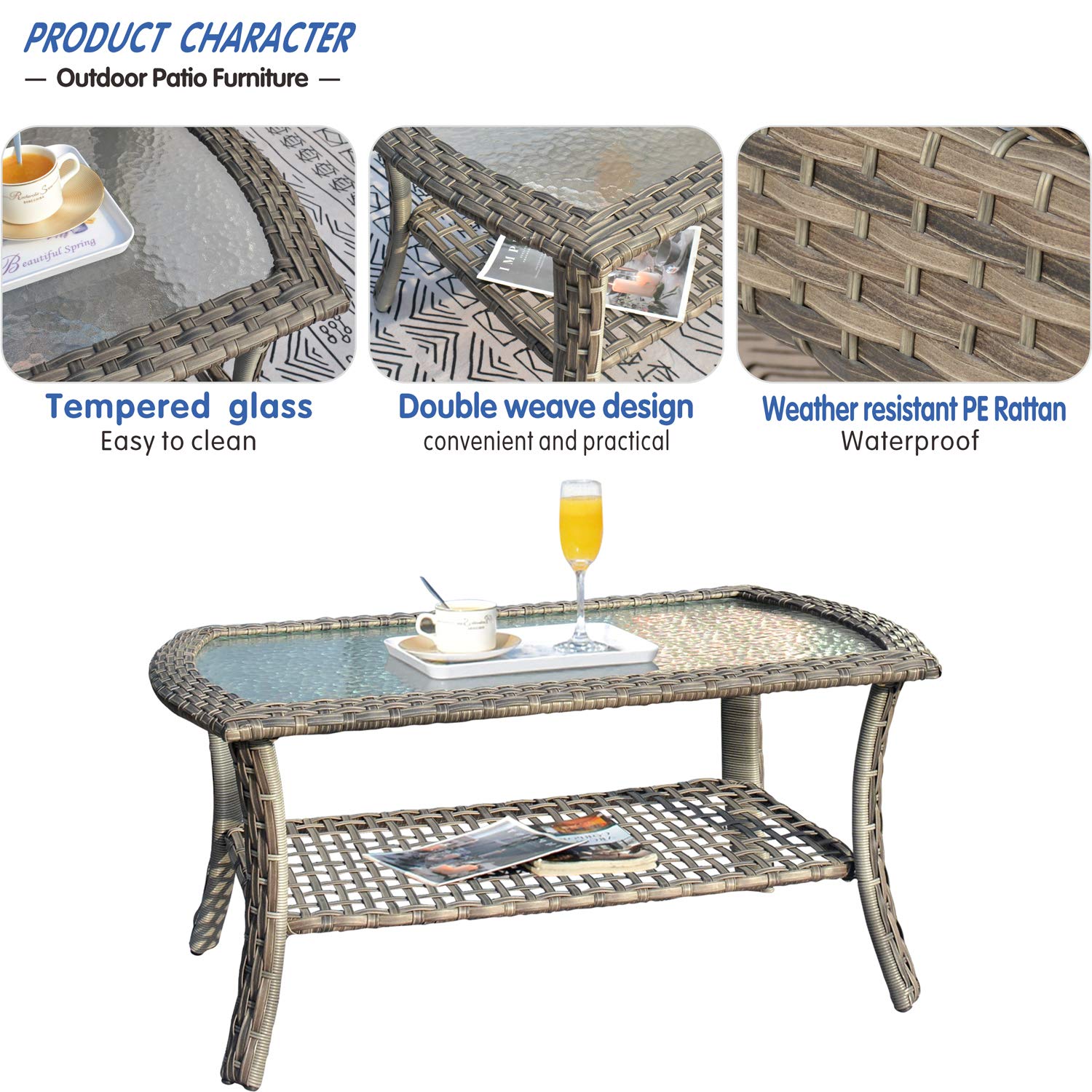 4-Piece High Back Patio Furniture Set - All-Weather PE Wicker Outdoor Conversation Set with Loveseat, 2 Chairs & Coffee Table (Gray Rattan with Denim Blue Cushions) - Perfect for Backyard, Garden, Poolside or Deck Relaxation
