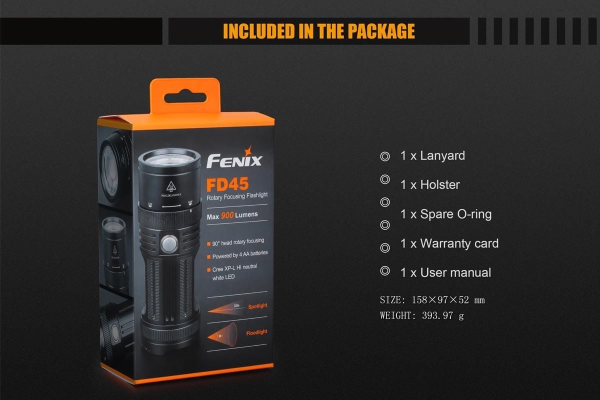 Fenix FD45 High-Power Focus Flashlight - 1000 Lumens, Rechargeable, Waterproof - Ideal for Camping, Hiking, and Emergency Use