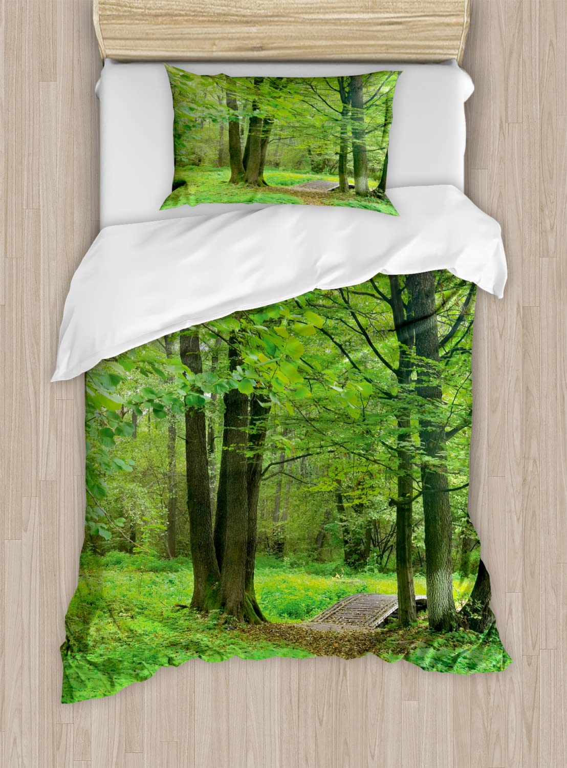 Ambesonne Nature Duvet Cover Set - Summer Forest Scenery with Trees, Grass & Pathway - Twin Size 2-Pack (2 Duvet Covers + 2 Pillowcases) in Fern Green & Brown - Perfect for Bedroom Decor, Guest Rooms & Cozy Cabin Retreats