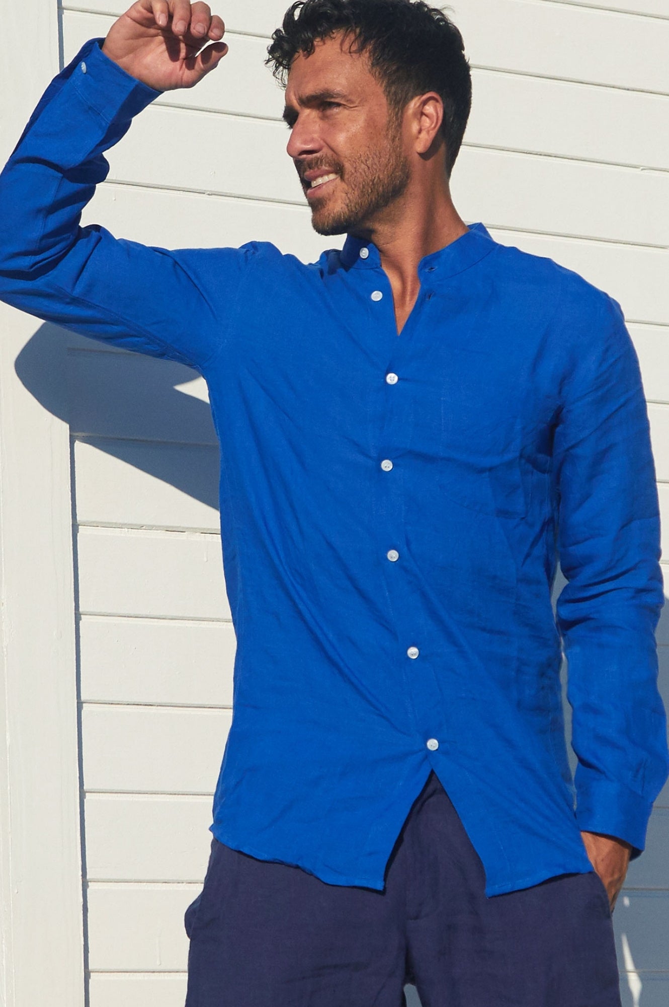 Premium Men's Nehru Collar Linen Shirt - Breathable Cobalt Blue Summer Casual Shirt for Office Wear & Outdoor Events