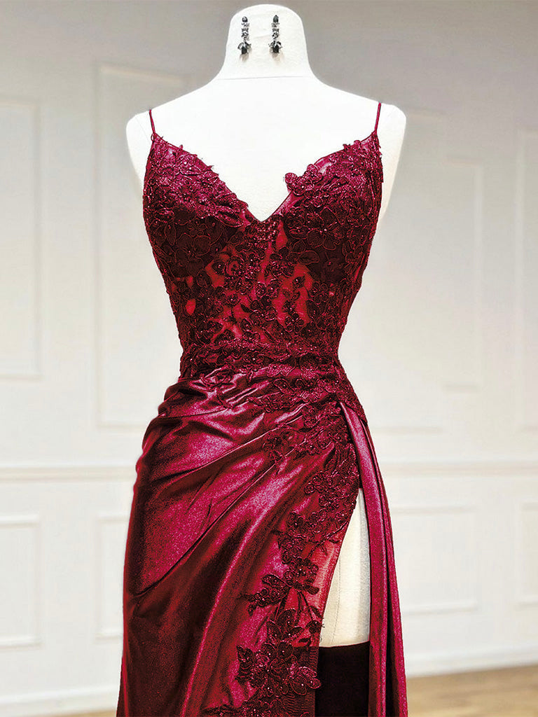 Elegant Burgundy V-Neck Satin Lace Long Prom Dress - Formal Evening Gown for Homecoming, Wedding & Special Occasions