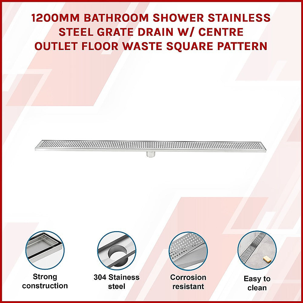 1200mm Stainless Steel Shower Drain Grate - Square Pattern with Center Outlet - Anti-Slip Bathroom Floor Waste Drain for Wet Rooms & Showers
