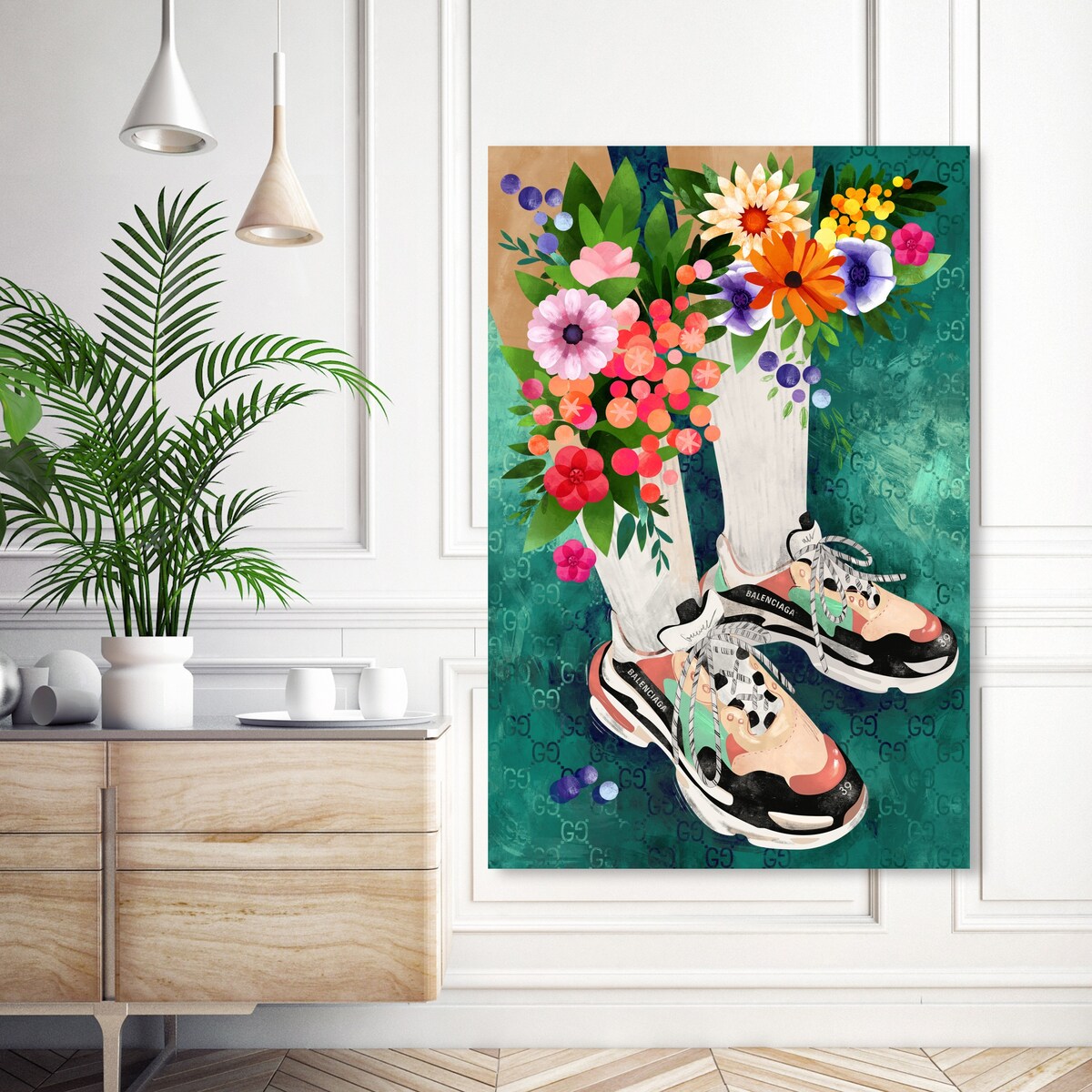 Stylish Floral Sneakers & Socks Set - Modern Green Canvas Wall Art Print for Bedroom Decor | Perfect for Casual Outfits and Home Interior Design