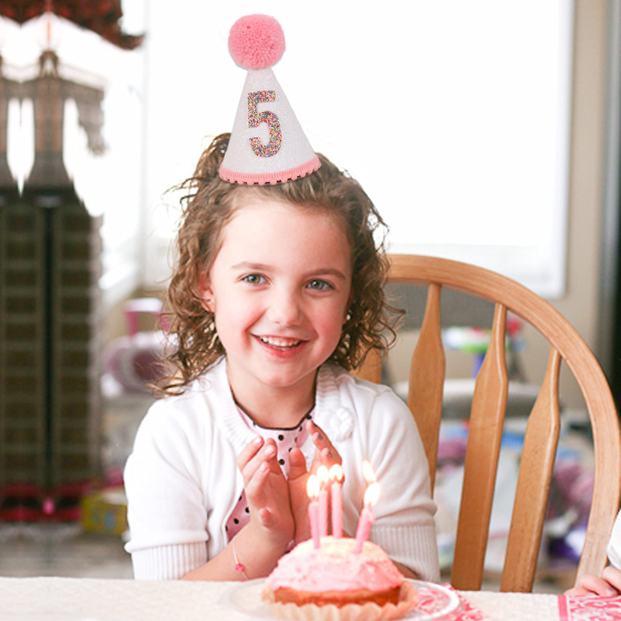 Sparkly Pink Glitter Birthday Hat with Pom Topper for Girls - Cute Party Accessories for Birthday Celebrations, Photo Booths & Princess Themed Events