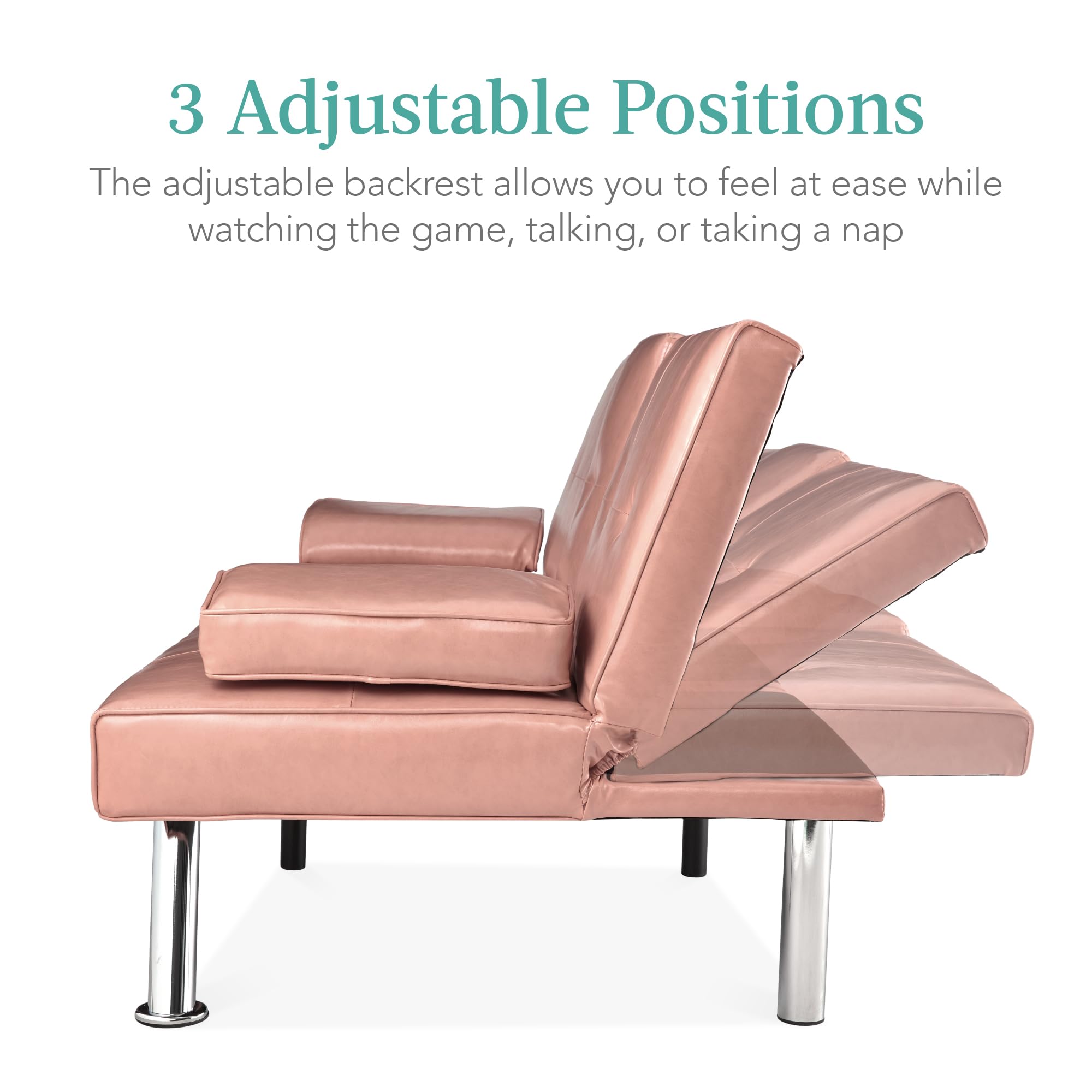 Best Choice Products Faux Leather Convertible Futon Sofa Bed - Adjustable Folding Guest Bed with Removable Armrests, Modern Upholstered Sleeper for Living Room, Office & Small Spaces - Pink