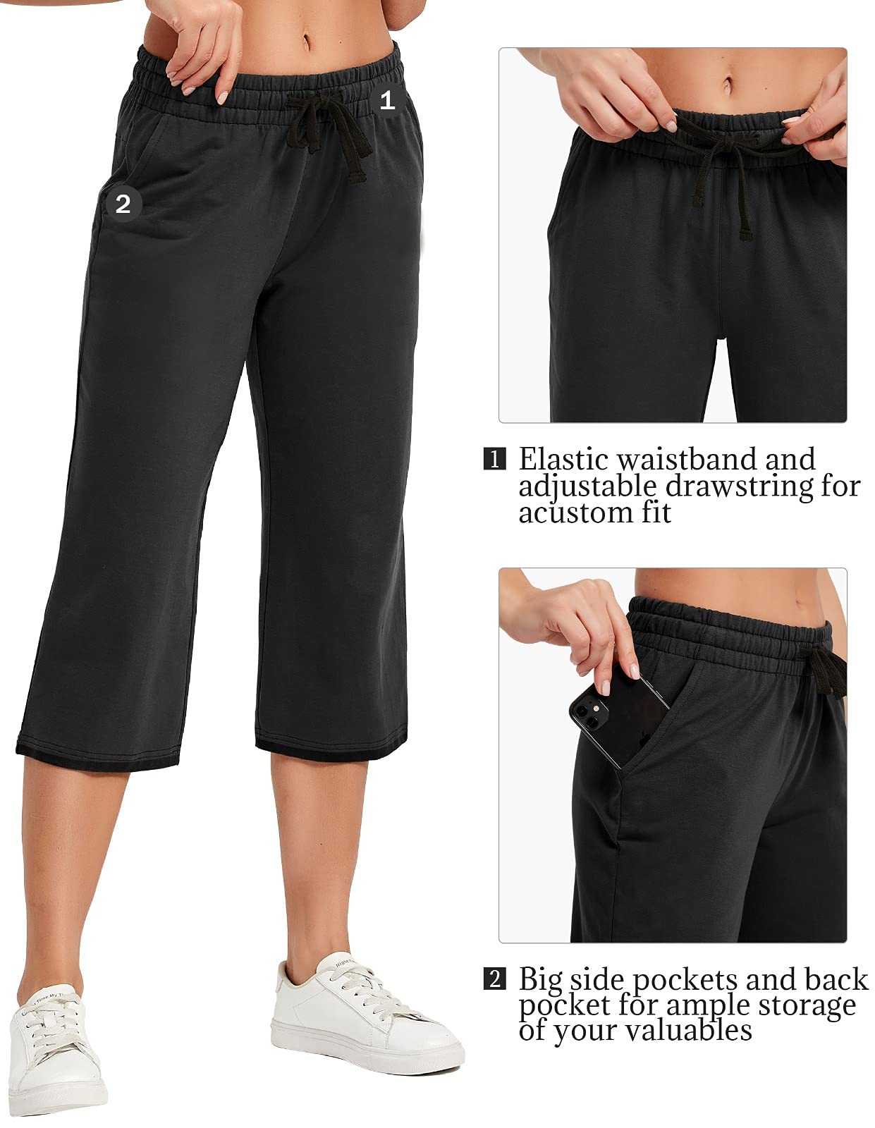 SPECIALMAGIC Women's Cotton Yoga Capri Pants - Wide Leg Sweatpants for Workout & Lounge - 2 Pack Comfortable Athletic Pants for Yoga, Running & Casual Wear