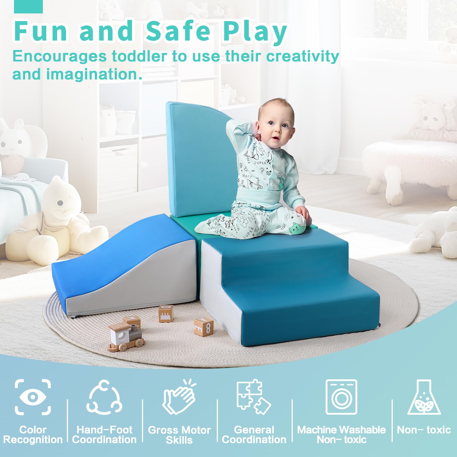 4-Piece Soft PU Leather Climbing Toys for Toddlers - Safe Foam Blocks for Crawling, Sliding & Indoor Play - Perfect for Home Playrooms, Daycares & Montessori Learning Activities