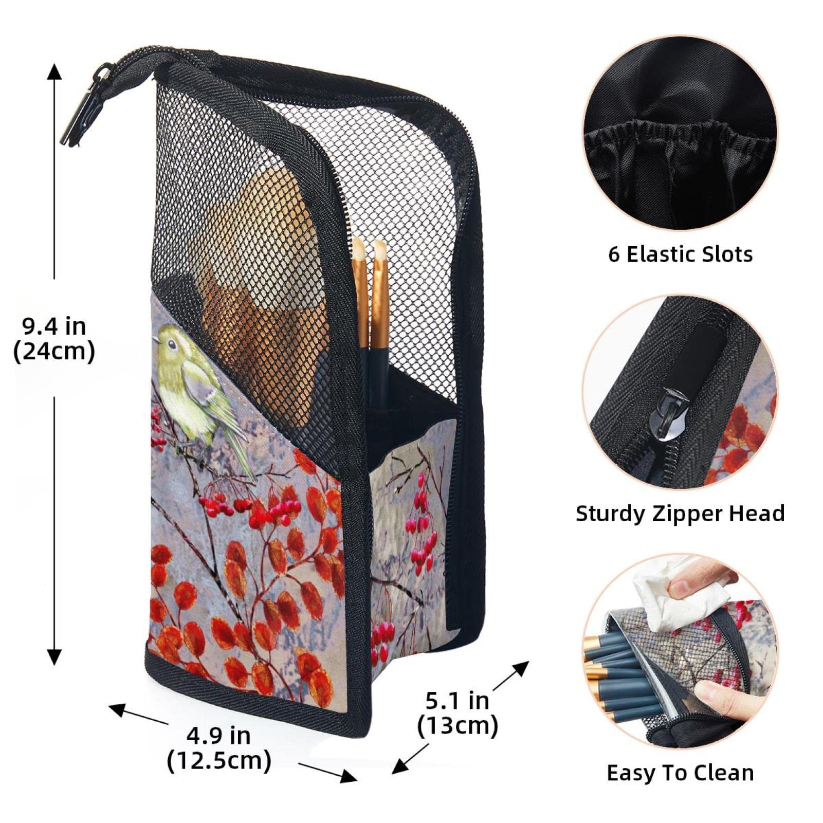 Watercolor Red Tree Leaves Bird Makeup Brush Organizer Bag with 12 Brushes - Portable Travel Makeup Brush Holder Case for Professional Artists & Beauty Enthusiasts (Perfect for Home, Travel & Salon Use)