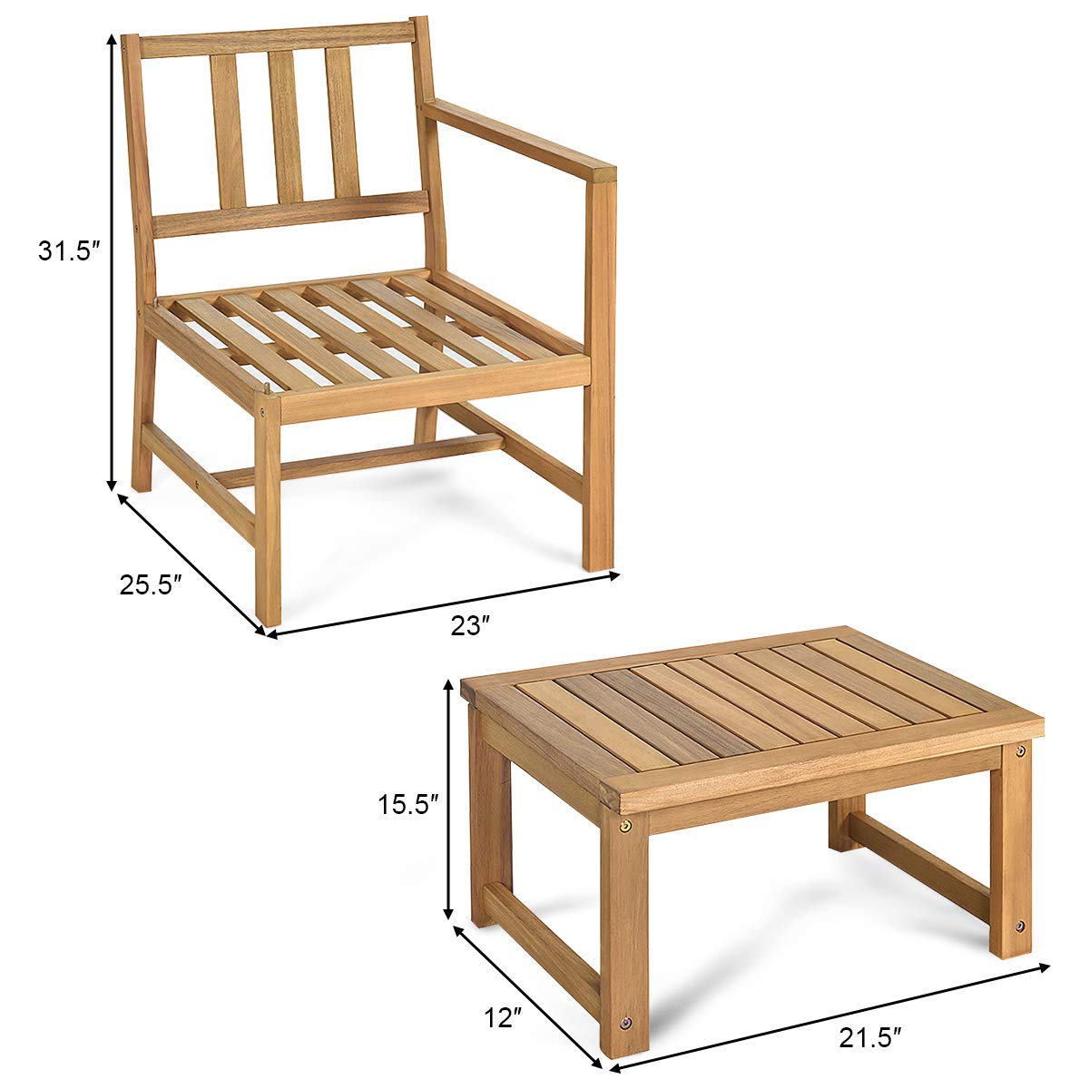 3-Piece Patio Conversation Set - Solid Acacia Wood Outdoor Furniture with 2 Chairs & Coffee Table - Weather-Resistant Balcony, Garden, Backyard Set for Indoor/Outdoor Use - Perfect for Relaxing, Entertaining & Small Space Decor (Natural Teak Finish)
