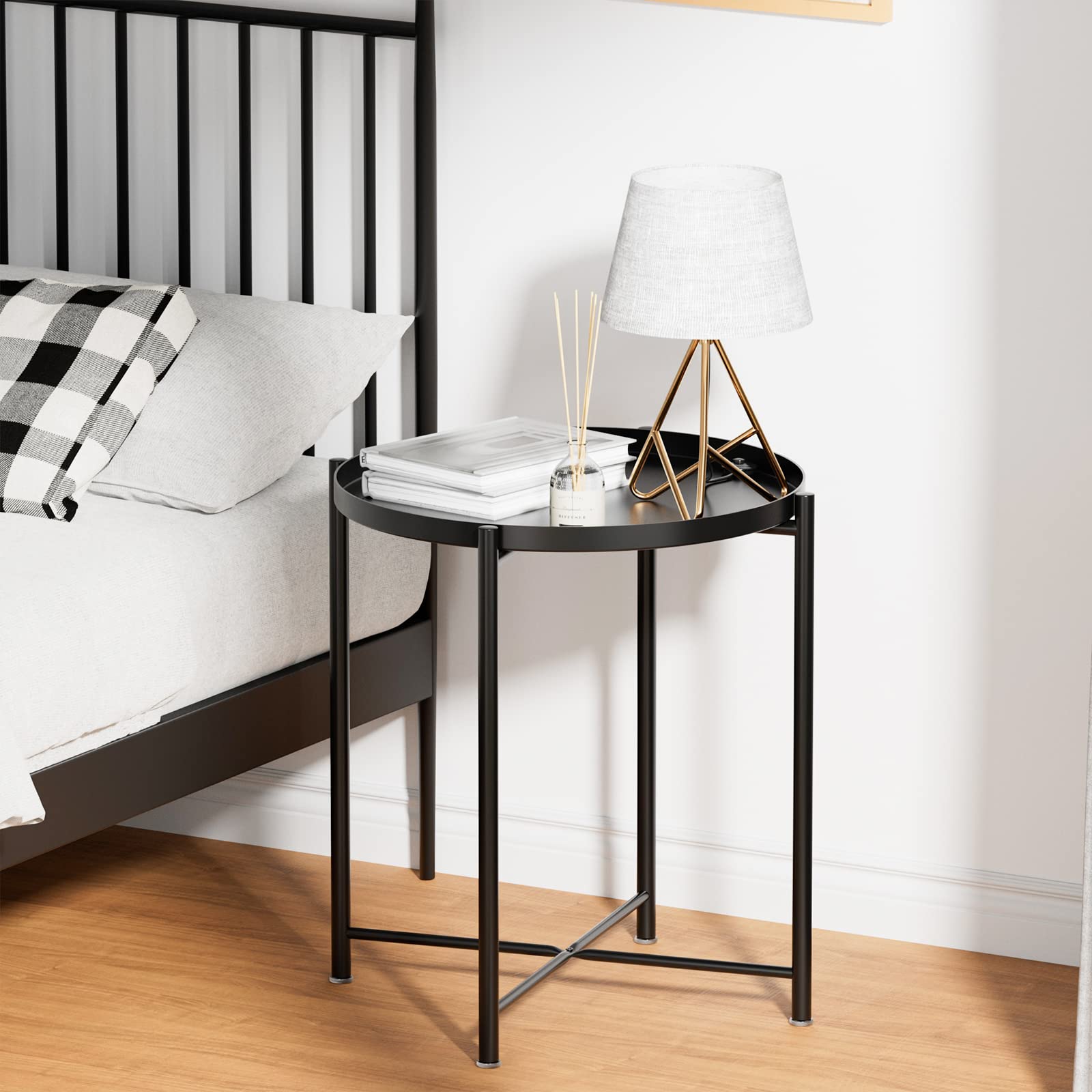 OVICAR Round Metal Tray End Table - Rustproof Waterproof Accent Coffee Side Table for Indoor & Outdoor Use - Modern Sofa, Bedside, Balcony Table for Living Room, Bedroom, Patio & Garden Decor