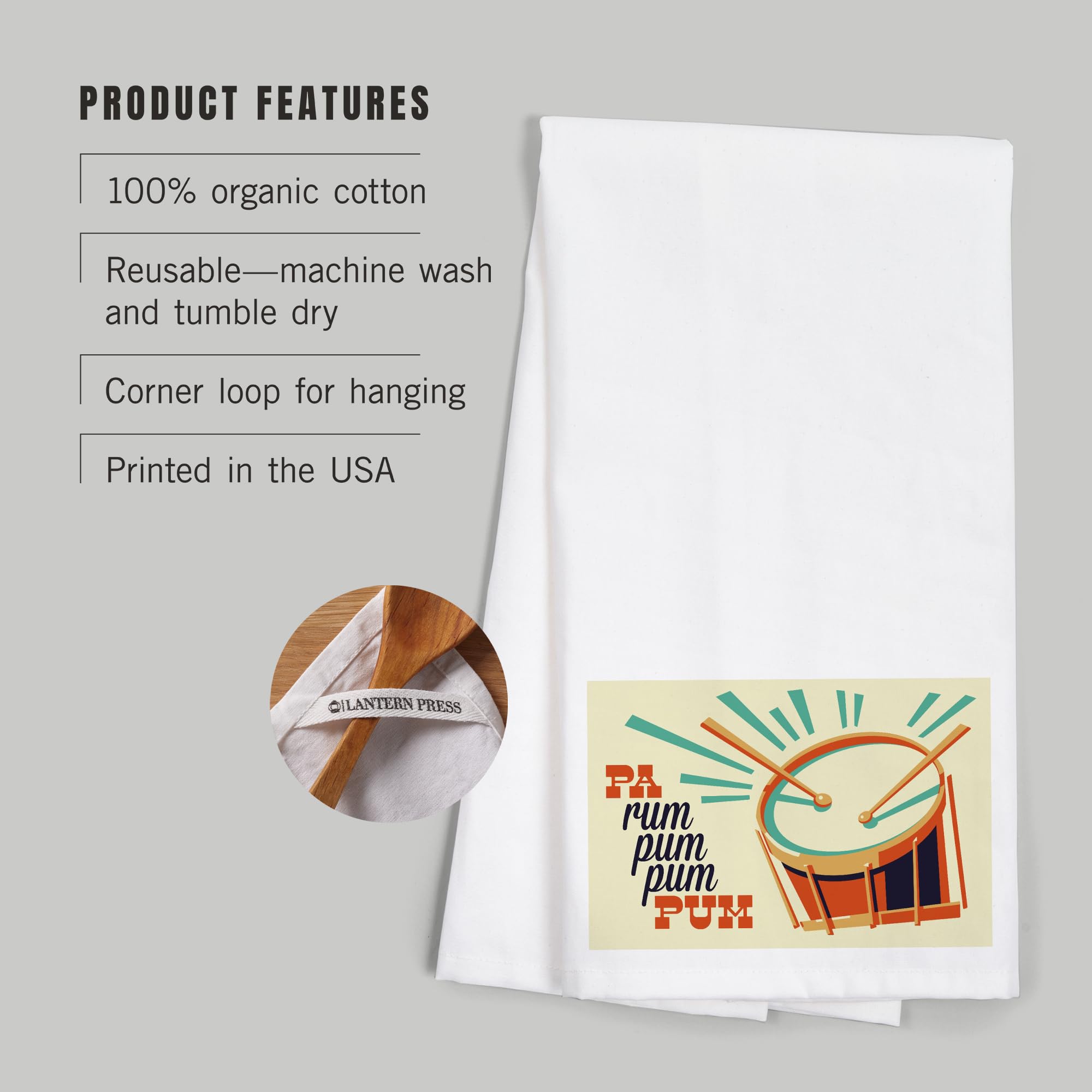 Lantern Press Drummer Boy Retro Christmas Tea Towel - 100% Cotton Decorative Hand Towel for Kitchen, Bathroom & Home Decor | Perfect Holiday Gift & Festive Table Setting Accessory