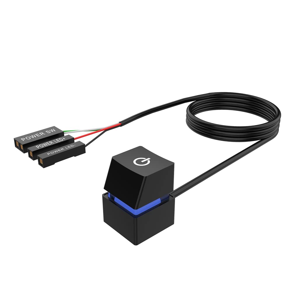 Qwertfeet Desktop Computer Power Switch Cord - 400Cm Portable On/Off Button with Blue LED Light for PC, Gaming Setup & Office Workstation