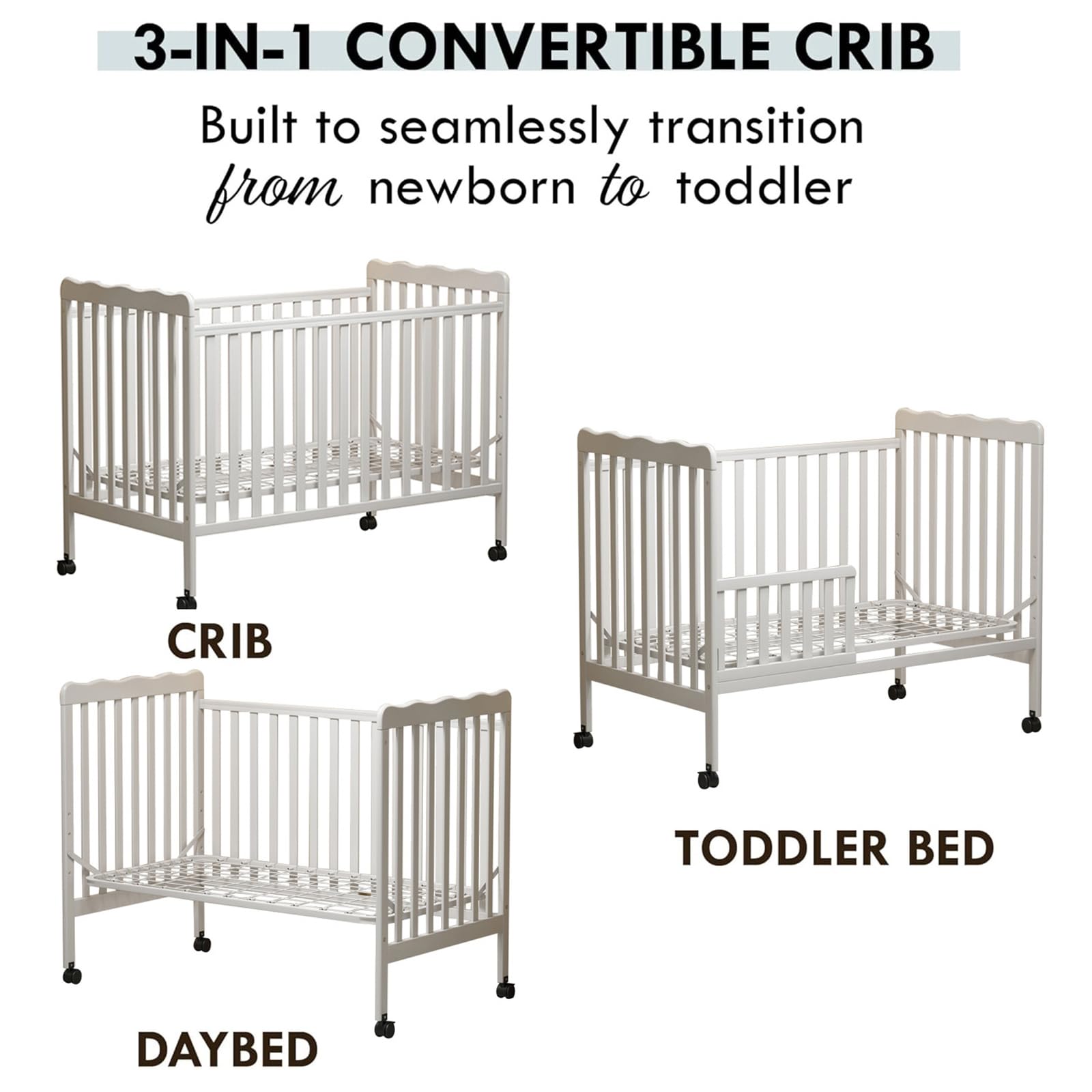 **3-in-1 Convertible Full Size Baby Crib with Locking Wheels & Adjustable Mattress Height – White | Safe & Portable Nursery Crib for Infants & Toddlers | Perfect for Home, Daycare & Travel**