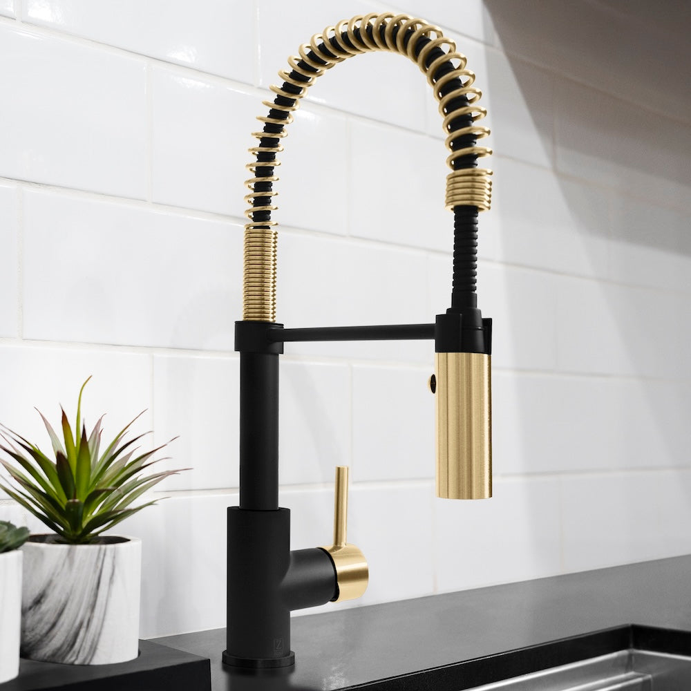 ZLINE Autograph Edition Sierra Pull Down Spring Single Handle Kitchen Faucet in Matte Black & Champagne Bronze - High Arc Commercial Style for Modern Farmhouse & Industrial Kitchens (SRA KF ZMBCB)