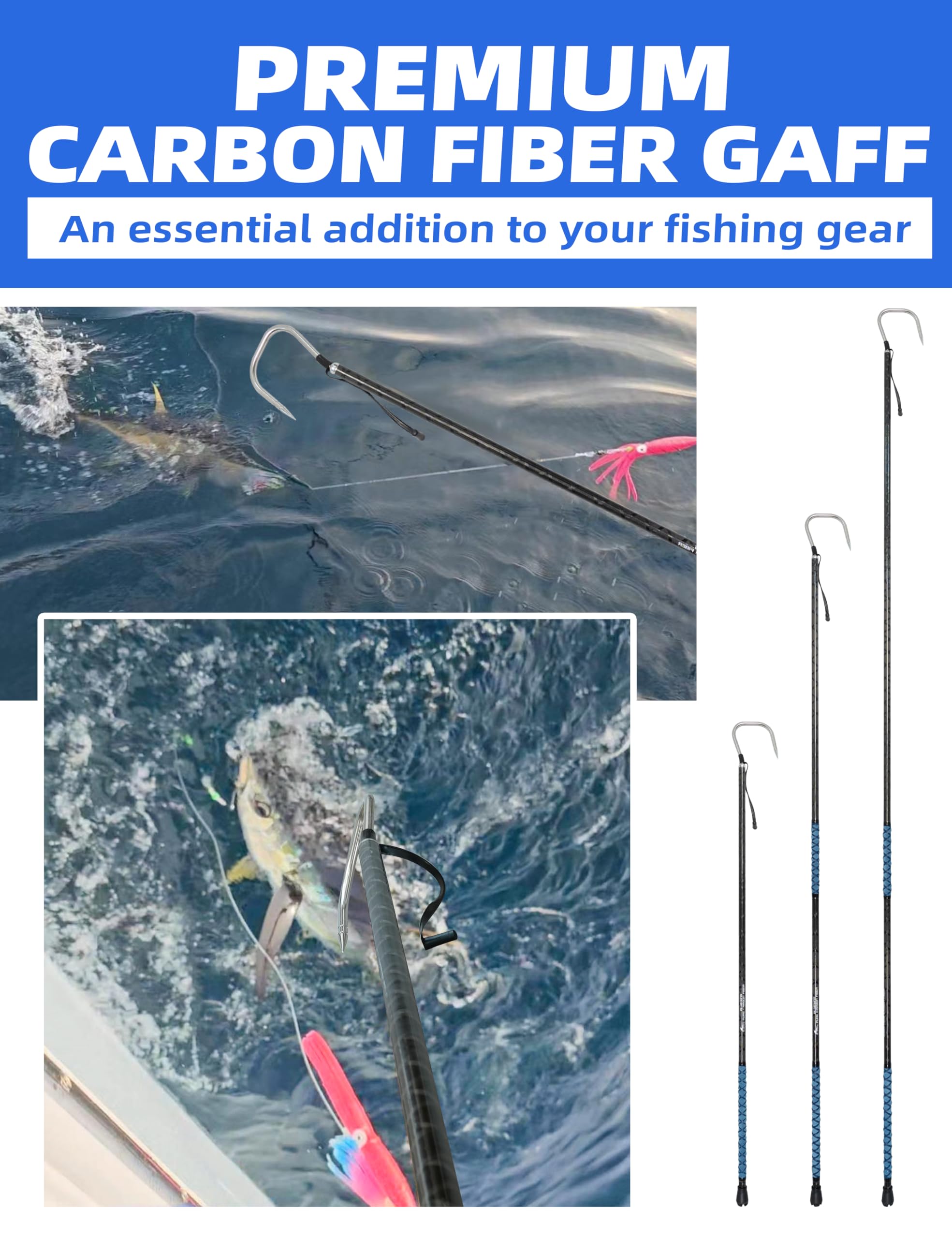 BLUEWING Heavy Duty Saltwater Fishing Gaff - 3ft to 16ft Fiberglass/Carbon Fiber Pole with 2in/4in Stainless Steel Hook for Tuna, Shark & Marlin - Perfect for Offshore Big Game Fishing & Deep Sea Angling