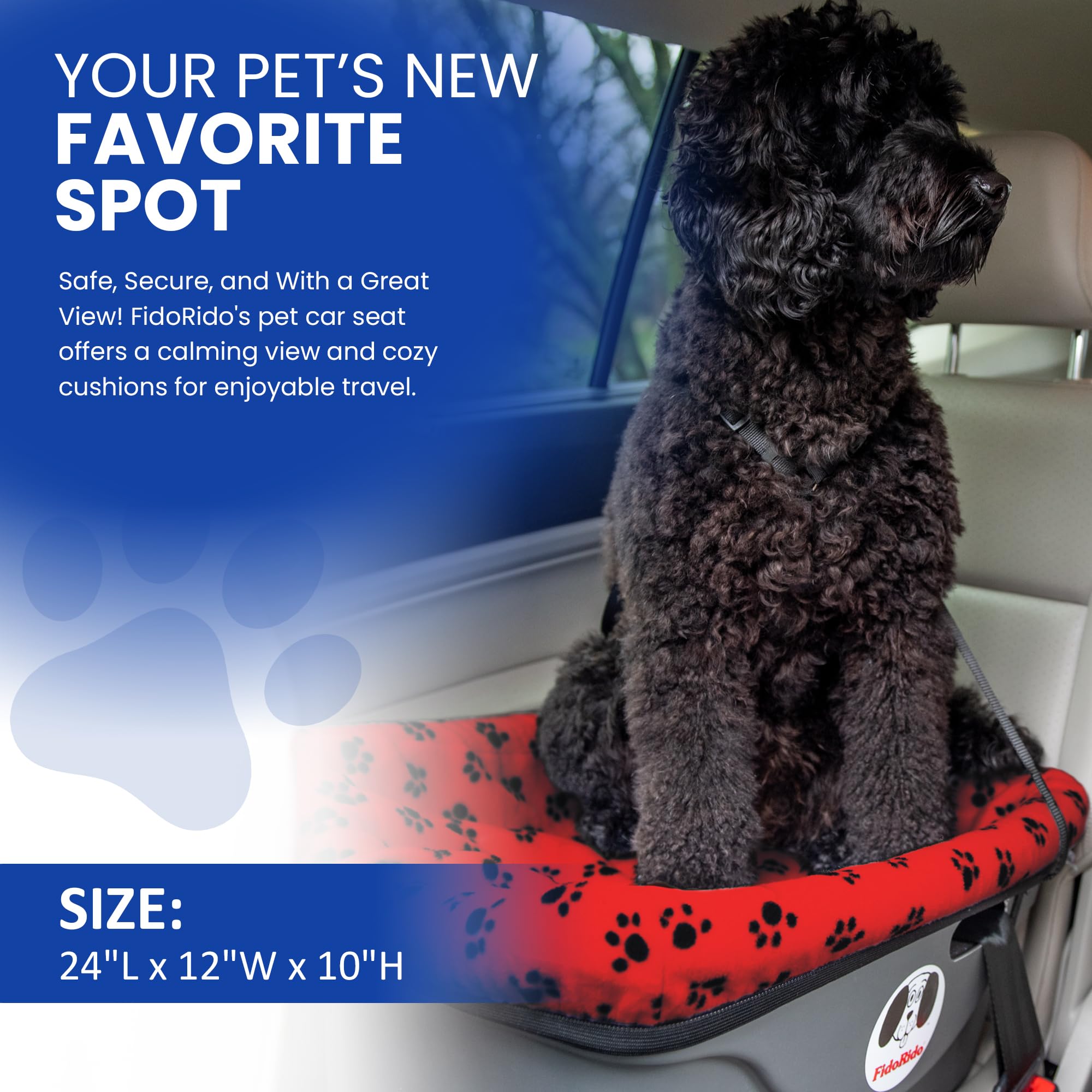 Dog Car Seat for Small to Large Dogs - Comfortable Pet Booster Seat with Sherpa Cover & Safety Straps | Easy Installation for Travel | Red & Black Paw Prints Design | Perfect for Road Trips, Vet Visits & Daily Commutes