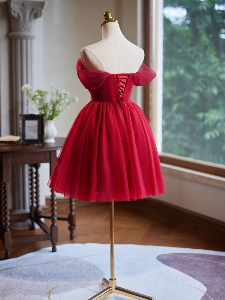 Elegant Burgundy A-Line Off-Shoulder V-Neck Beaded Tulle Prom Dress for Homecoming, Party & Special Occasions