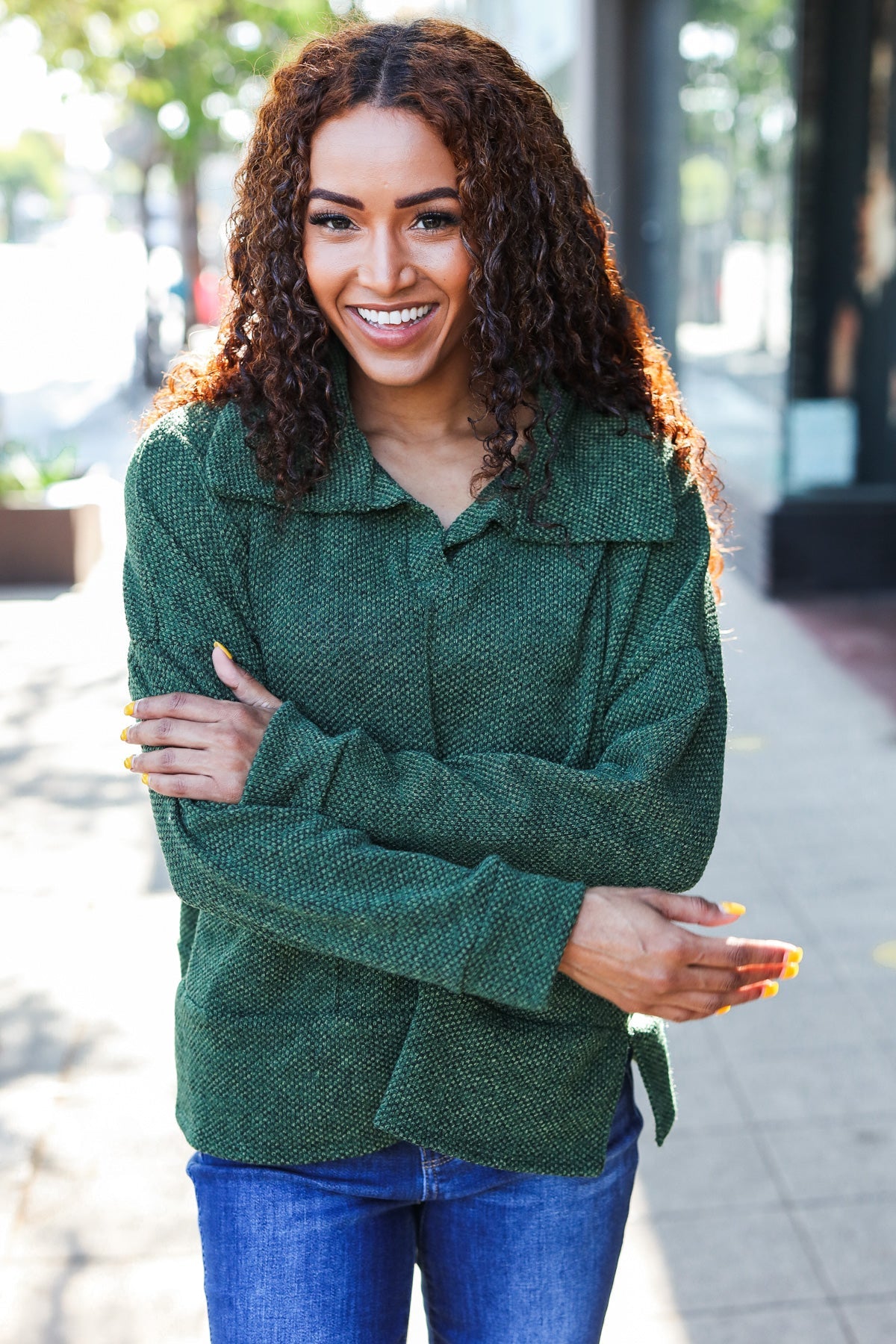 Easy Living Olive Textured Knit Notch Neck Oversized Collar Sweater - Cozy Oversized Women's Pullover for Fall & Winter | Perfect for Casual Outfits, Office Wear and Coffee Dates