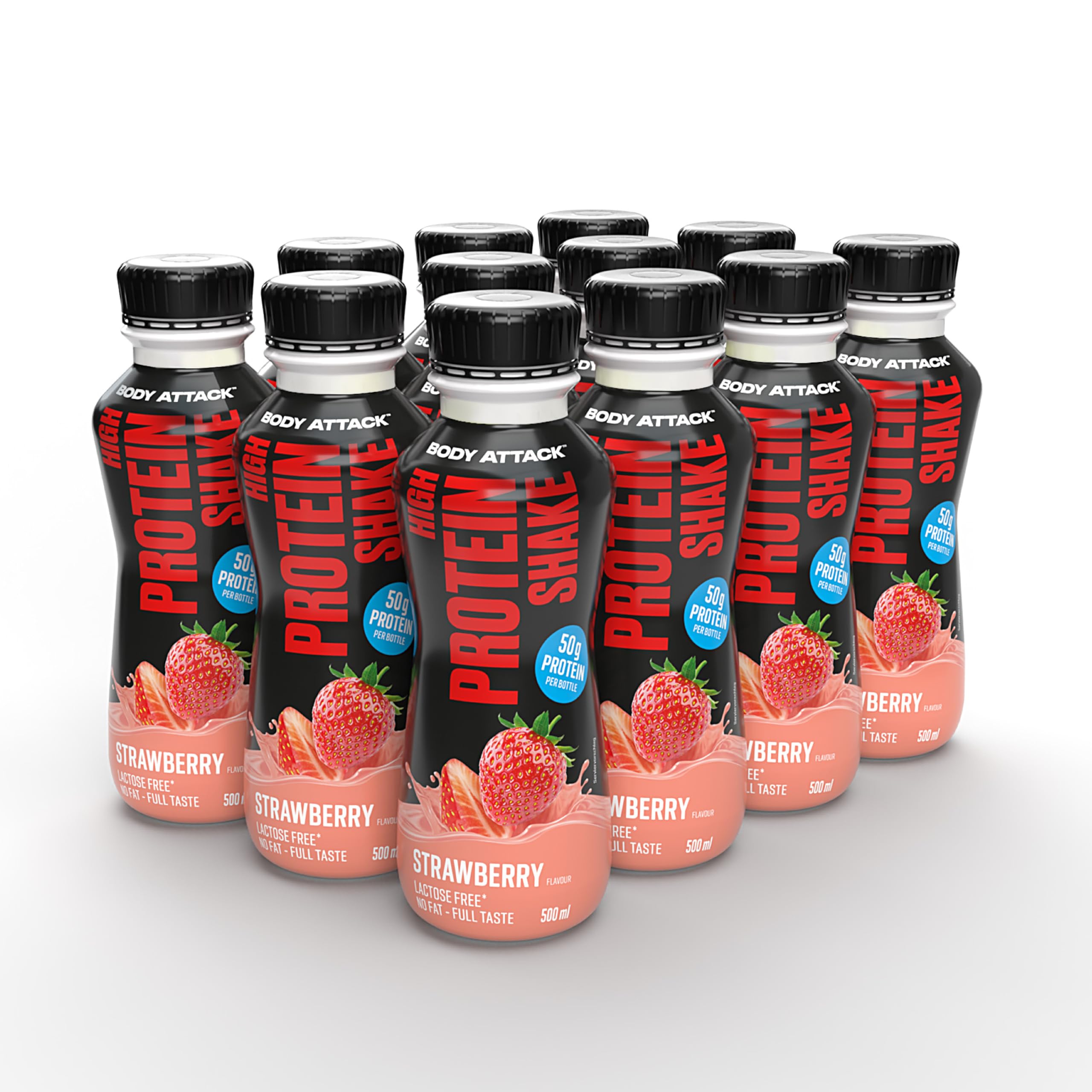 Body Attack Fitness Protein Shake - Ready-to-Drink Milk Protein Shake Bottle 500ml, Strawberry Flavor (12-Pack) | Post-Workout Recovery & Muscle Building Nutrition