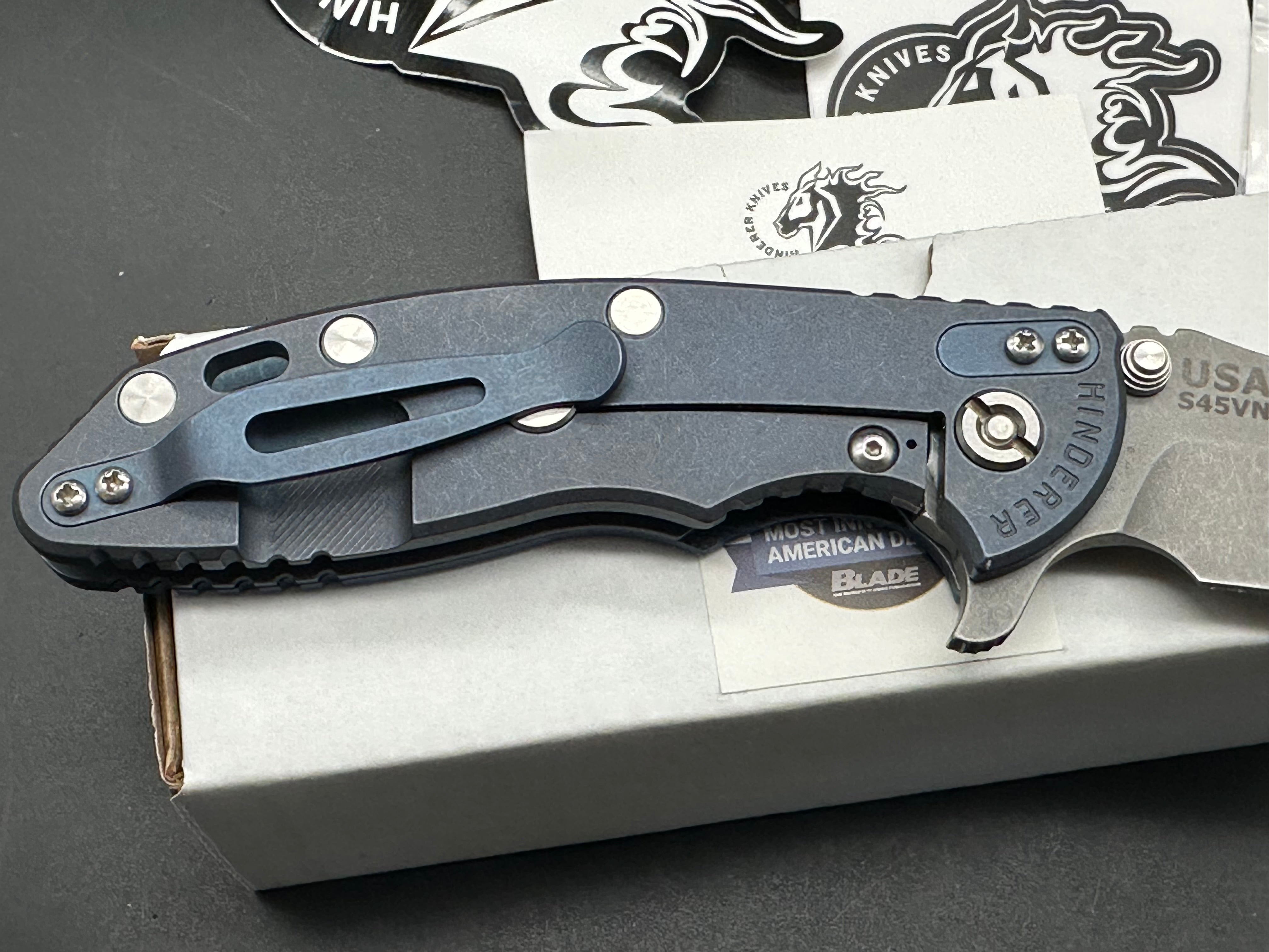 Hinder XM-18 Bowie Flipper Knife - Working Finish Battle Blue Titanium Blade - EDC, Outdoor Camping & Survival Gear