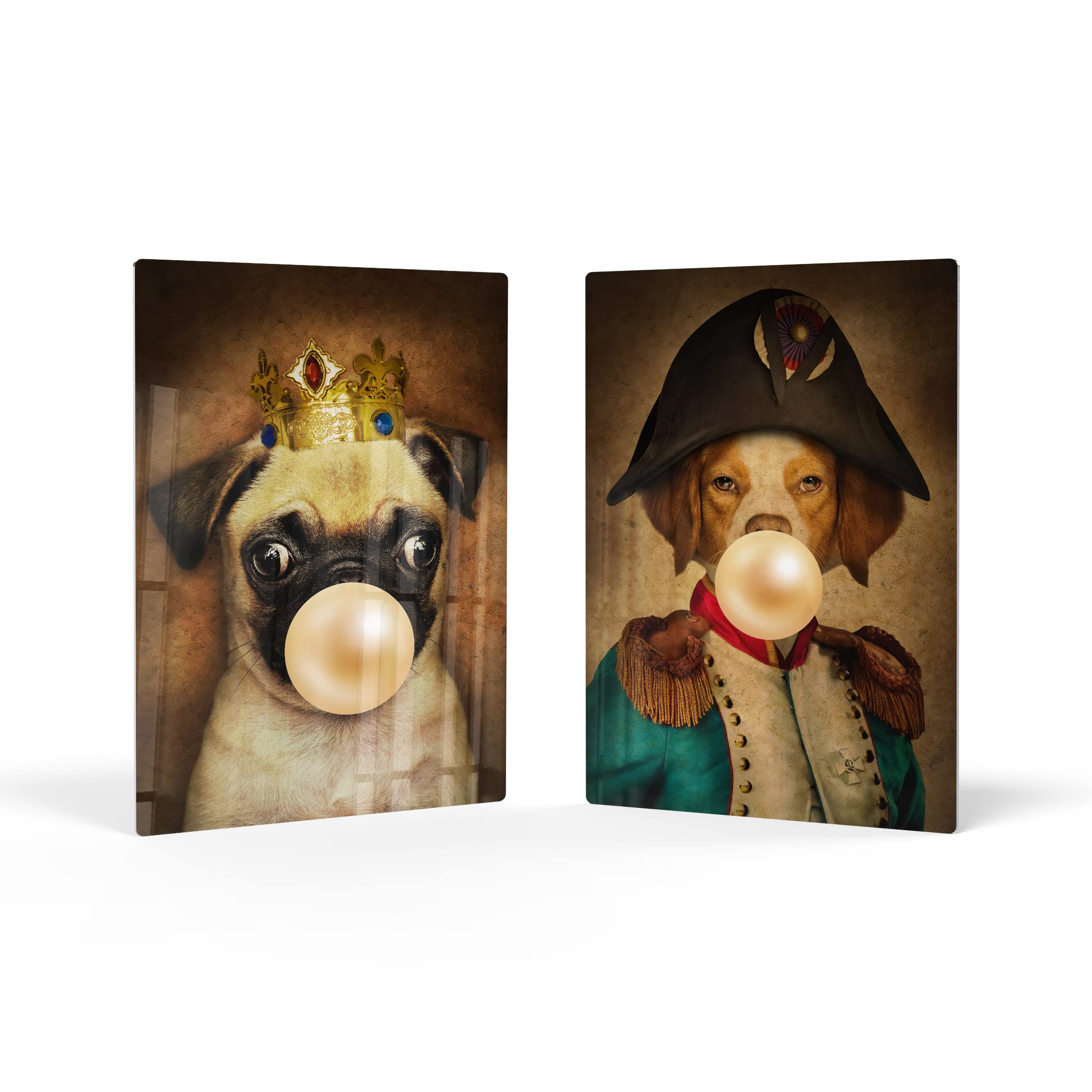 King Pug & Epagneul Breton Dog Portrait Metal Wall Art Set - Crowned Pug Chewing Bubble Gum, 2-Piece Animal Decor for Living Room, Bedroom, Nursery (17x11 Inches) - Perfect for Pet Lovers' Home & Kids Room Wall Decoration
