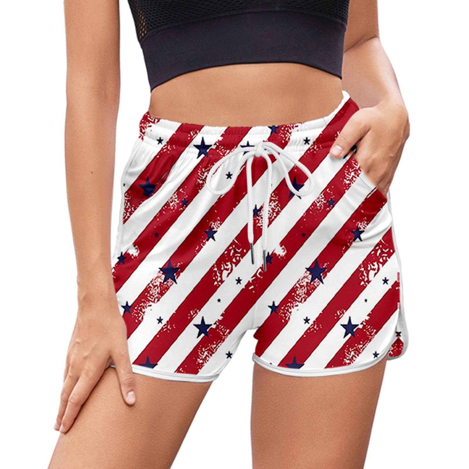 AMTF 2022 Women's 4th of July Swim Trunks with Pockets - Quick Dry Swim Shorts, Fashion Print Beach Board Shorts for Swimming, Surfing & Summer Vacations