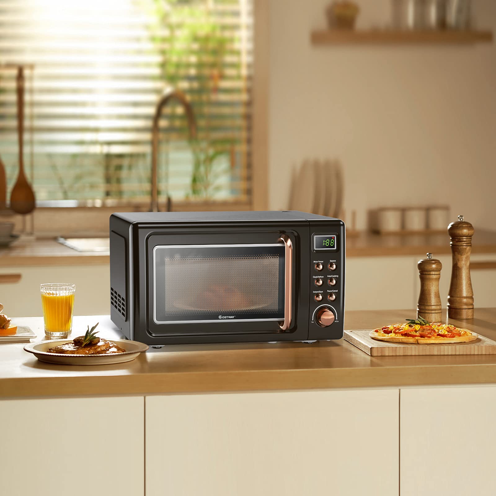 ARLIME 0.7Cu.ft 700W Small Retro Countertop Microwave Oven - 5 Power Levels, Auto Cooking & Defrost Functions, Stainless Steel Interior, LED Display - Perfect for Kitchen, RV, Dorm, Office & Small Spaces (Golden)