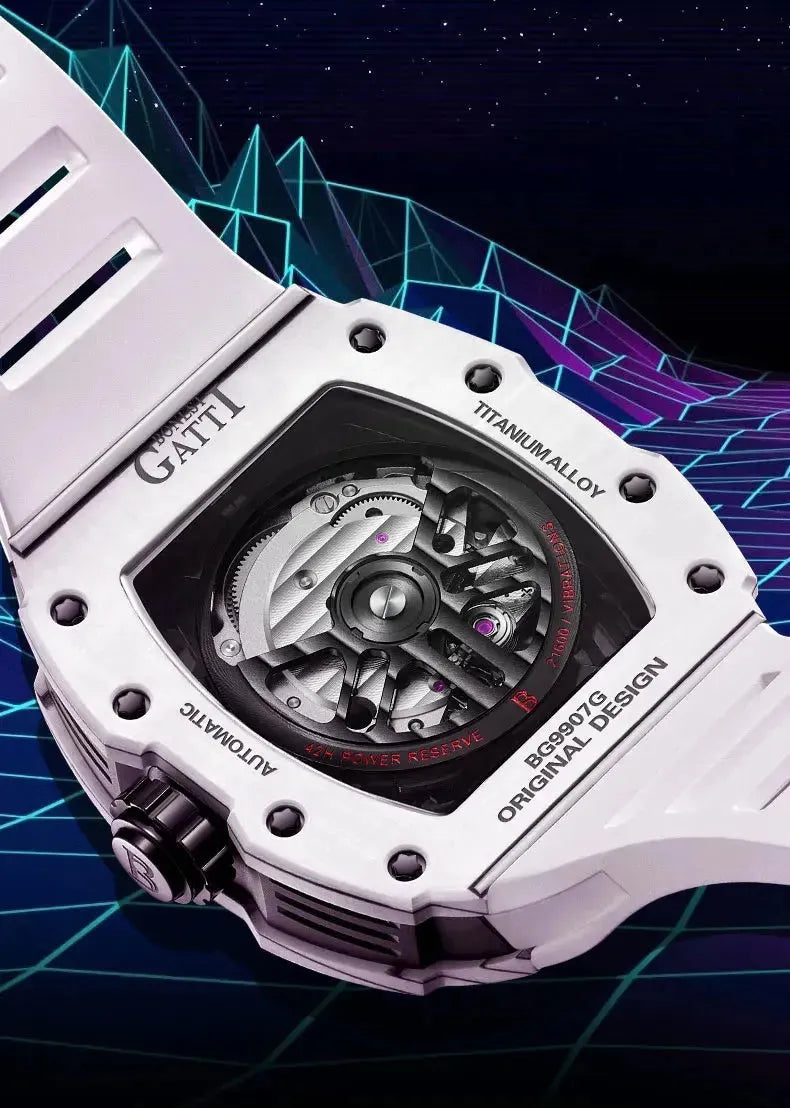 BONEST GATTI Men's Luxury Automatic Mechanical Watch - Luminous Carbon Fiber Bezel, Titanium Tonneau Case, Fluororubber Strap - Perfect for Business, Formal Events & Everyday Wear
