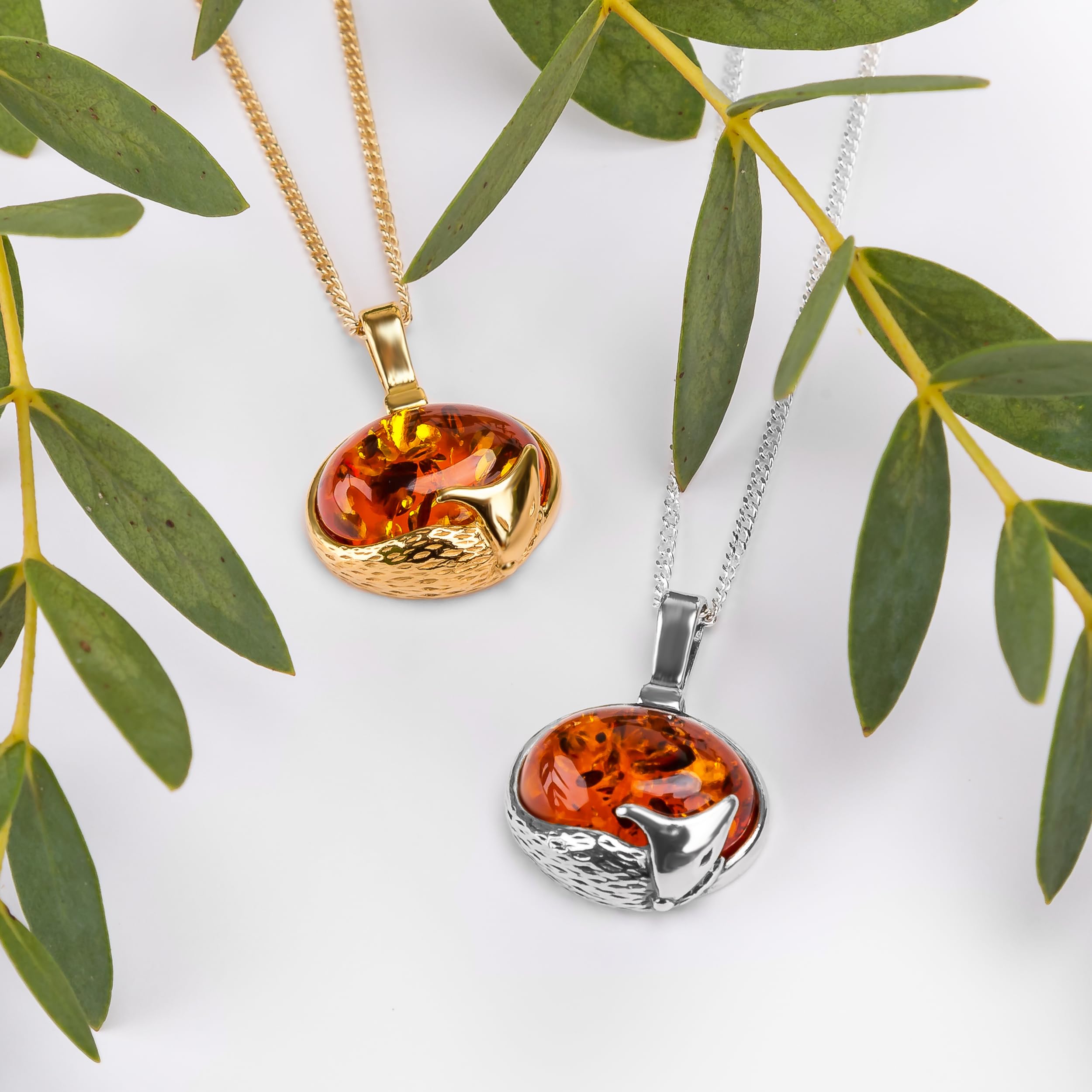 925 Sterling Silver & 24K Gold Plated Sleeping Fox Necklace with Baltic Amber - 18