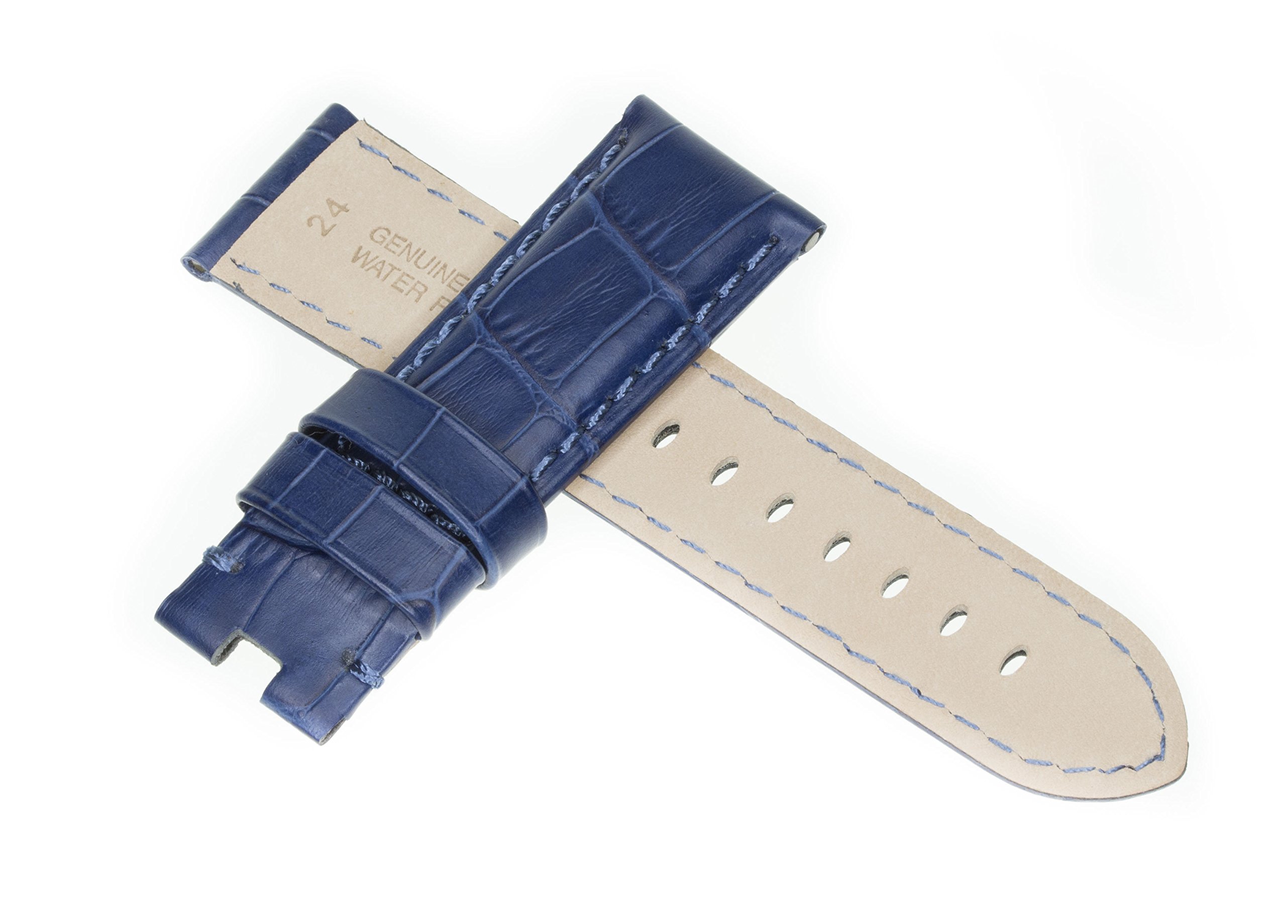 22mm Navy Blue Grain Leather Watch Band with Blue Stitch - Deployment Clasp Compatible with Panerai Watches | Vintage Style for Men's Dress & Casual Wear