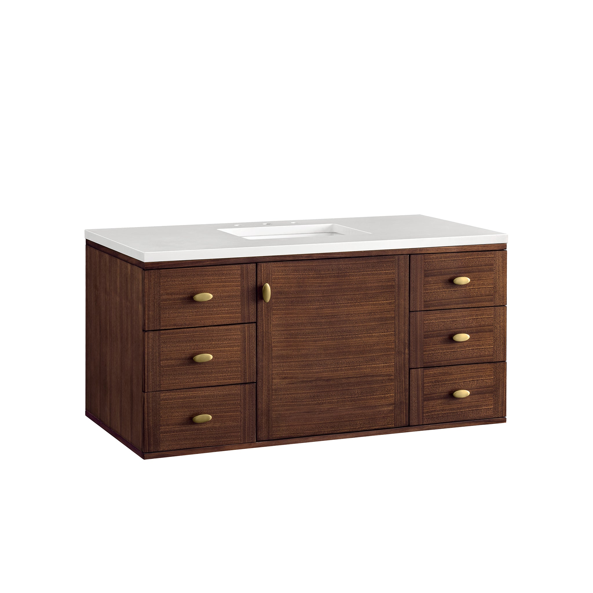 Amberly 48 Inch Single Bathroom Vanity - Mid Century Modern Walnut Finish with 3CM White Zeus Quartz Top - Perfect for Small Bathrooms & Powder Rooms