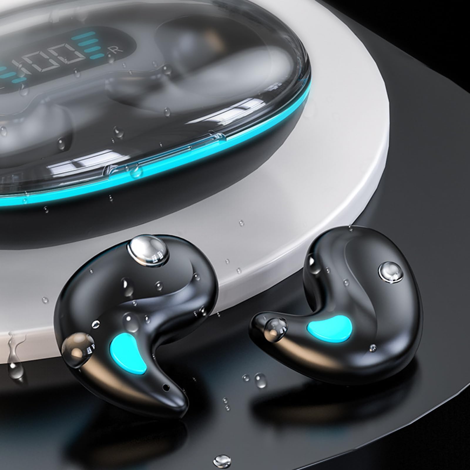 Bone Conduction Bluetooth Headphones for Sleeping, Wireless 5.3 Noise Cancelling Sports Earbuds with LED Digital Display Charging Case - Perfect for Running, Gym Workouts & Office Use (Black)