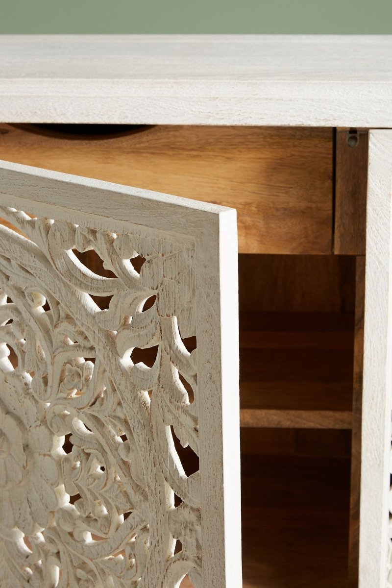 Hand Carved White Lombok Buffet Table - Custom Made Solid Wood Sideboard for Dining Room & Living Room Storage | Elegant Home Decor Furniture