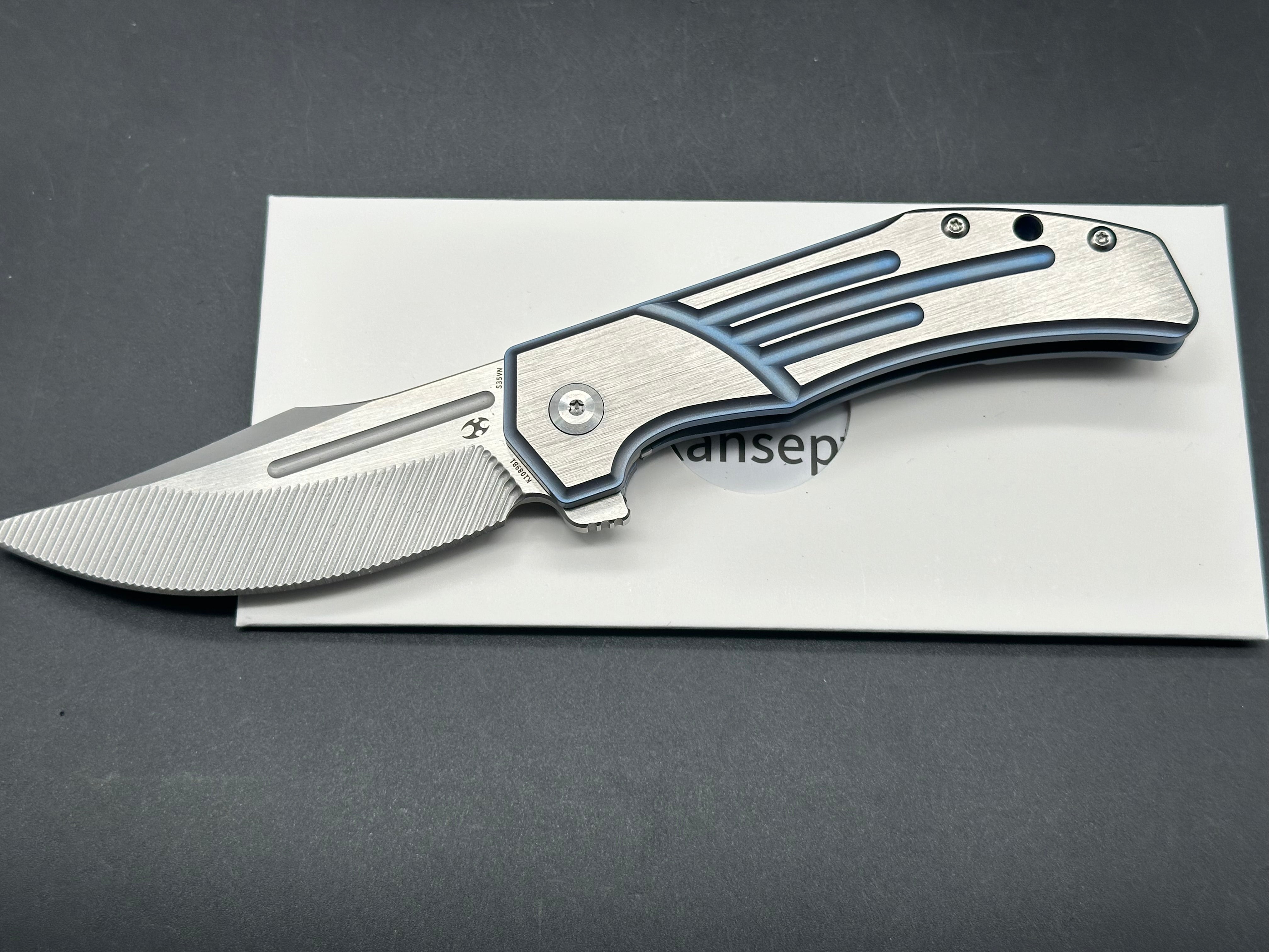 KANSEPT ORION Folding Pocket Knife - Blue/Satin Titanium Handle, S35VN Steel Clip Point Blade for EDC, Camping & Outdoor Activities