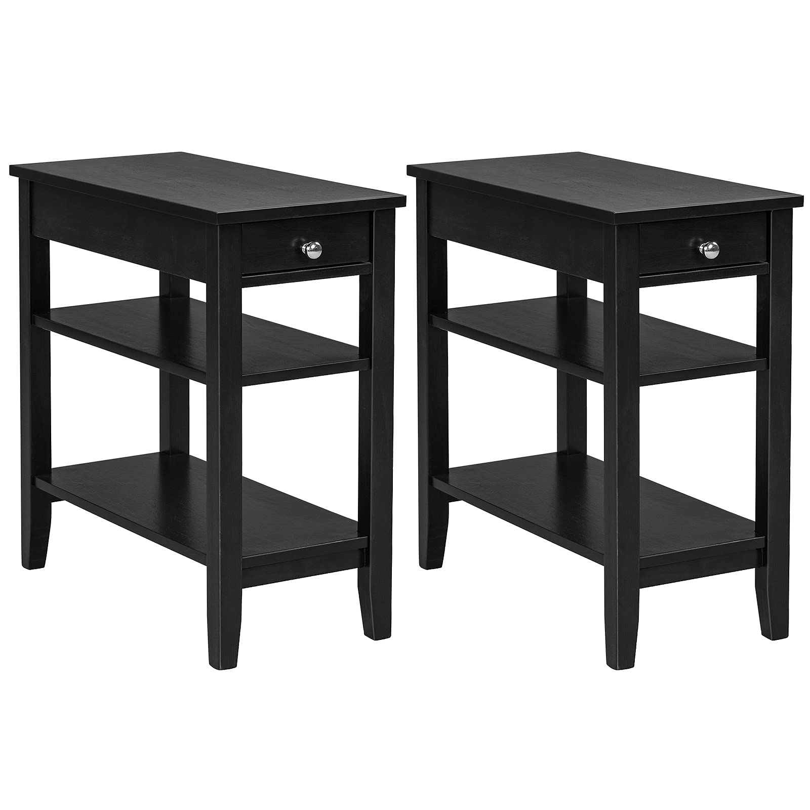 Giantex Set of 2 Narrow End Tables with Drawer & 2-Tier Open Shelves - Slim Nightstand for Bedroom, Living Room | Space-Saving Side Table for Small Spaces, Apartment, Dorm (Black)
