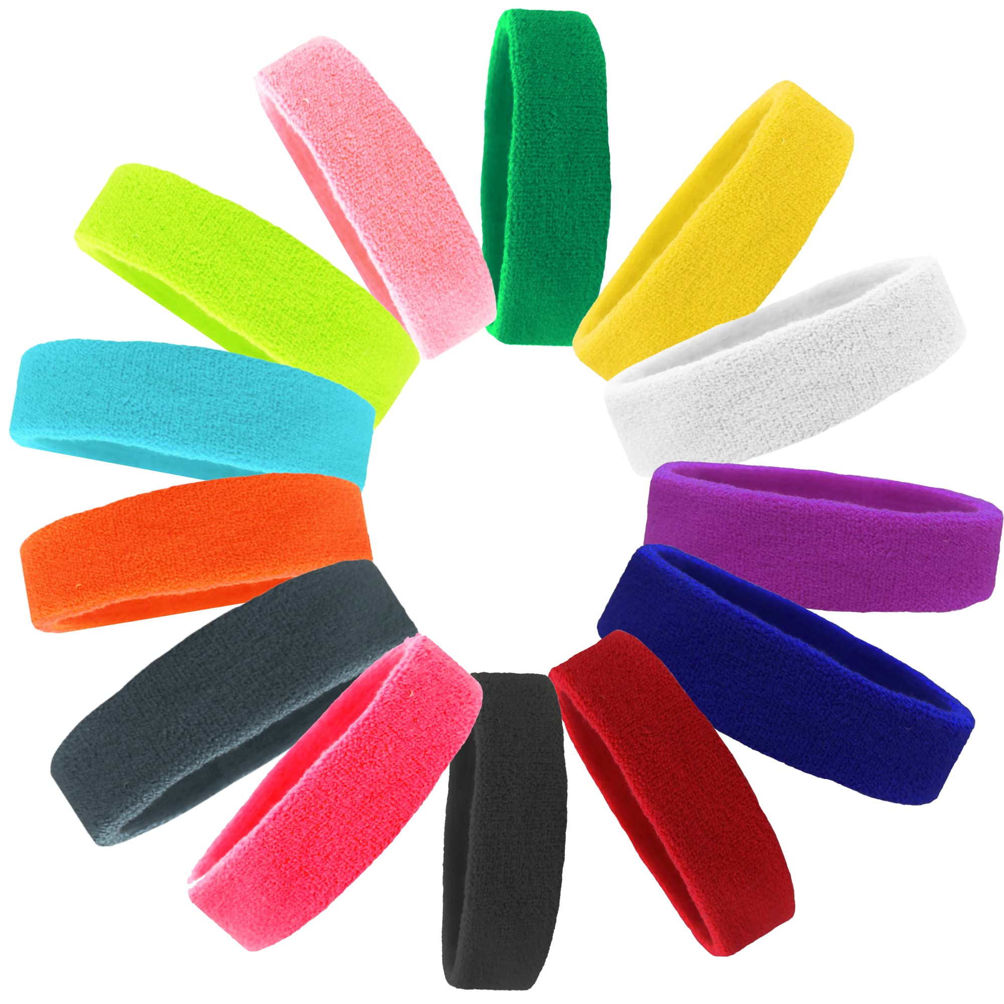 12 Pack Cotton Terry Cloth Sweatbands - Moisture Wicking Sports Headbands for Basketball, Running, Tennis & Workouts by Kenz Laurenz - Stay Dry & Comfortable During Intense Exercise