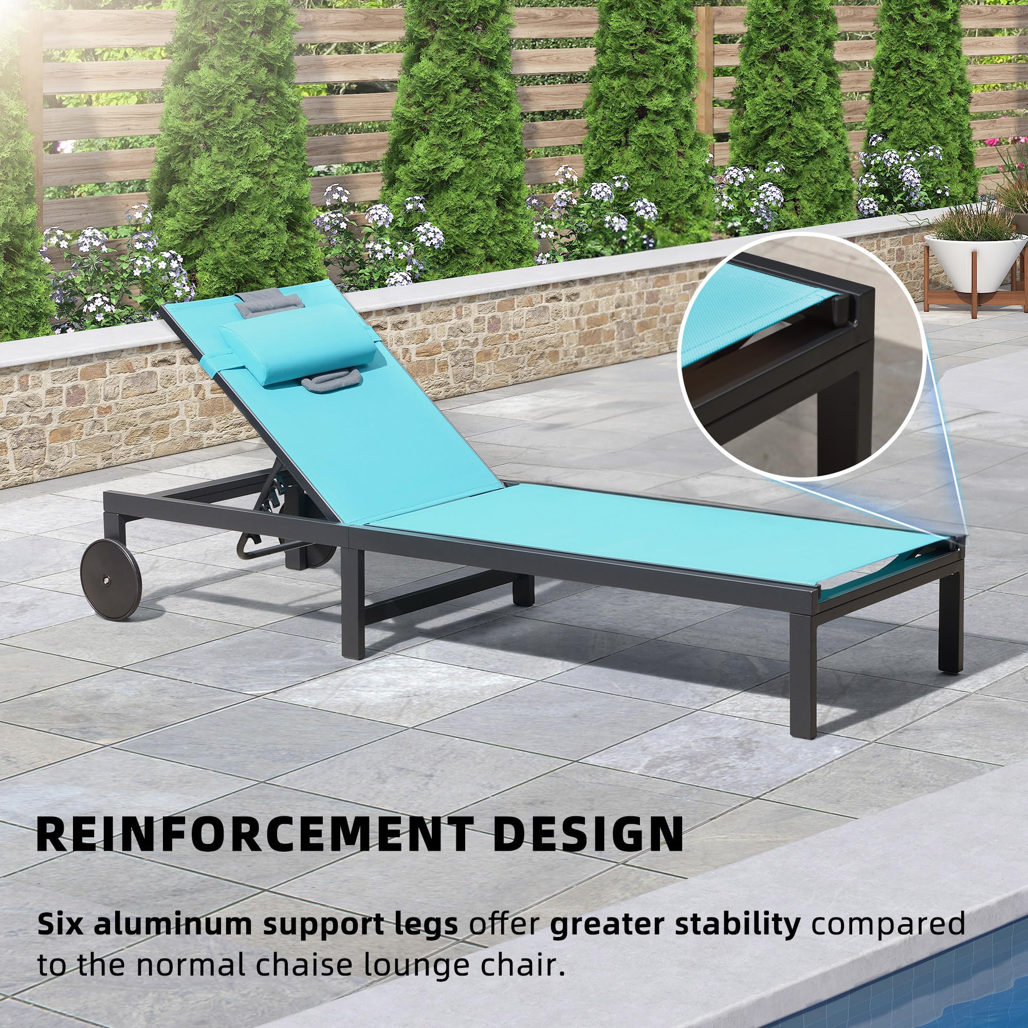 PURPLE LEAF Outdoor Tanning Lounge Chair Set - Adjustable Reclining Poolside Beach Chair with Face Hole, Wheels, Pillows & Table - Patio Aluminum Sunbathing Lounger (Blue) - Perfect for Backyard, Pool, Beach & Resort Relaxation