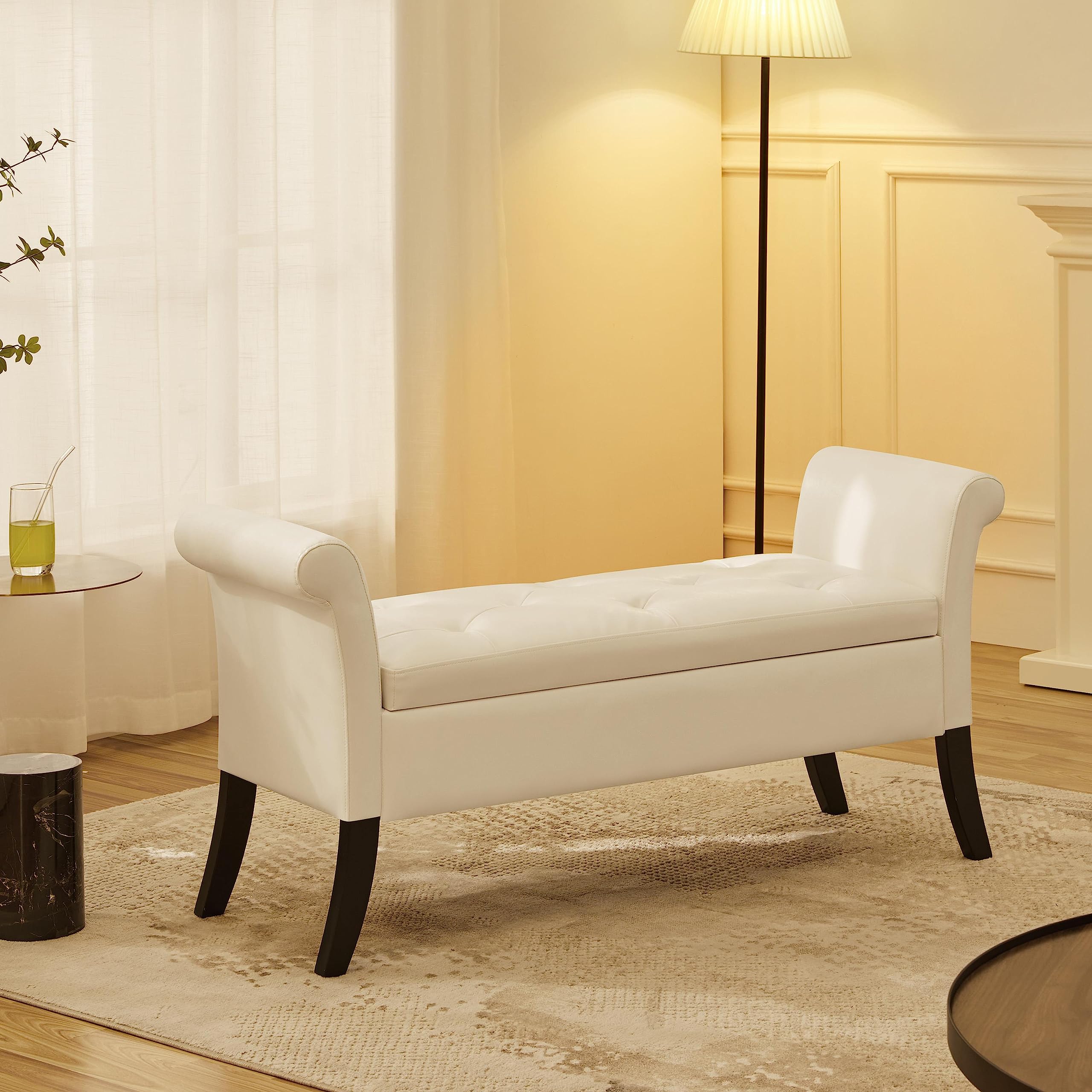 Topeakmart Modern Storage Bench with Rolled Arms - Entryway Shoe Organizer, Hallway Footrest Ottoman with Lid - Faux Leather Upholstered Bench Seat for Living Room, Bedroom, Entryway - White
