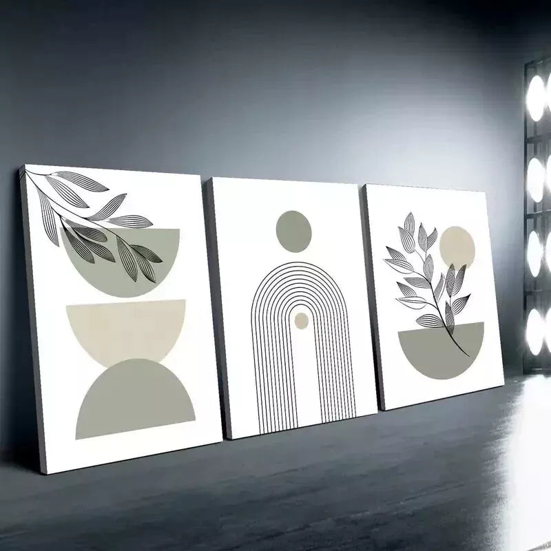 3-Piece Boho Chic Sage Green Modern Abstract Geometric Wall Art Set - Framed Canvas 50x70cm (20x28in) - High Quality Print - Ready to Hang - Perfect for Living Room, Bedroom & Office Decor