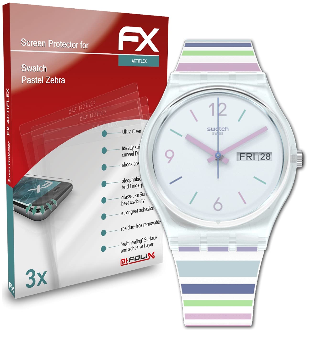 atFoliX Ultra Clear Flexible Screen Protector (3-Pack) for Swatch Pastel Zebra - Anti-Scratch HD Film for Smartwatches | Perfect for Workouts, Outdoor Activities & Daily Wear