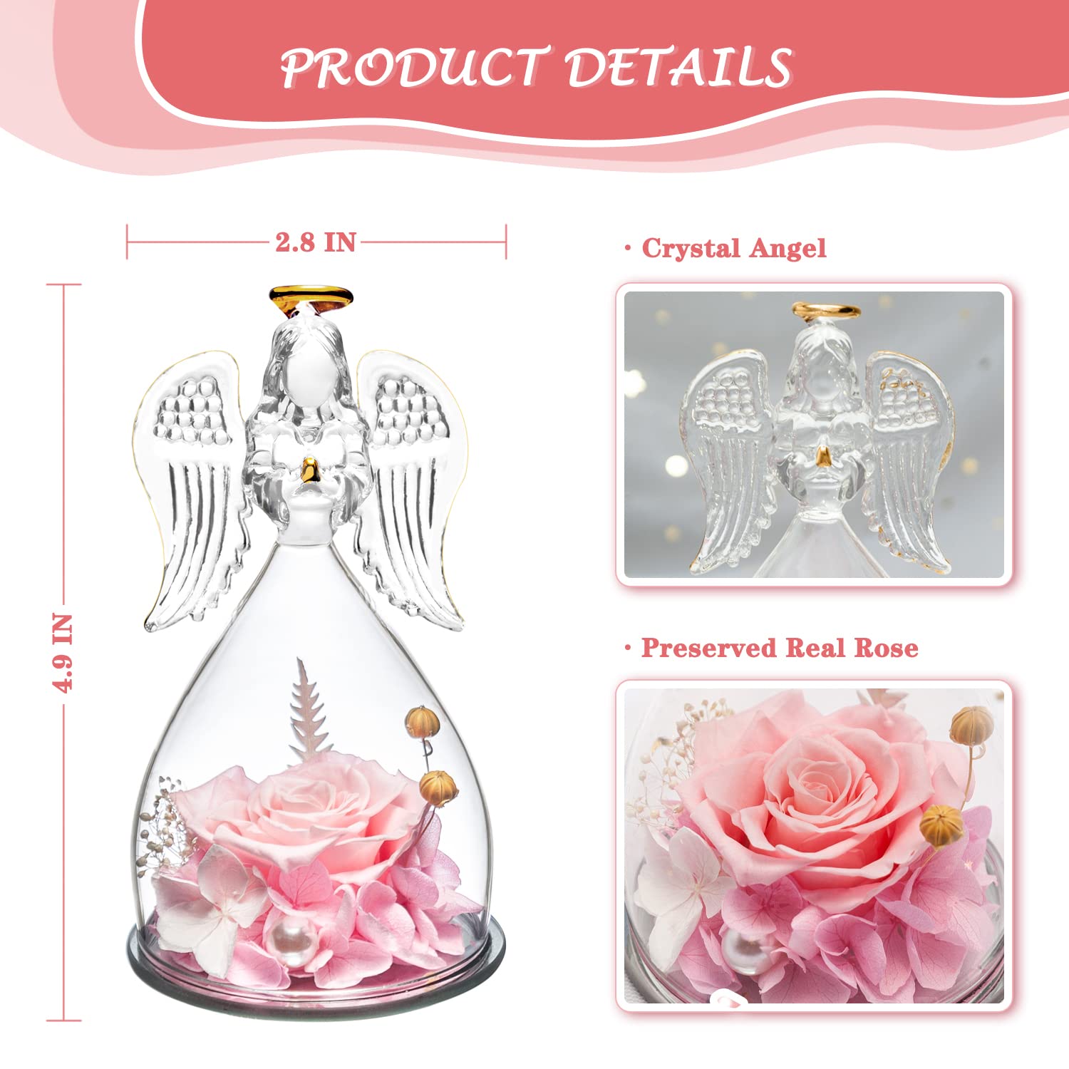 Mother's Day Rose Angel Figurine Gift Set - Elegant Glass Rose with Angel for Women, Birthday, Anniversary & Thanksgiving - Perfect Gift for Mom, Wife & Loved Ones (Home Decor, Wedding Centerpiece, Romantic Gift Idea)