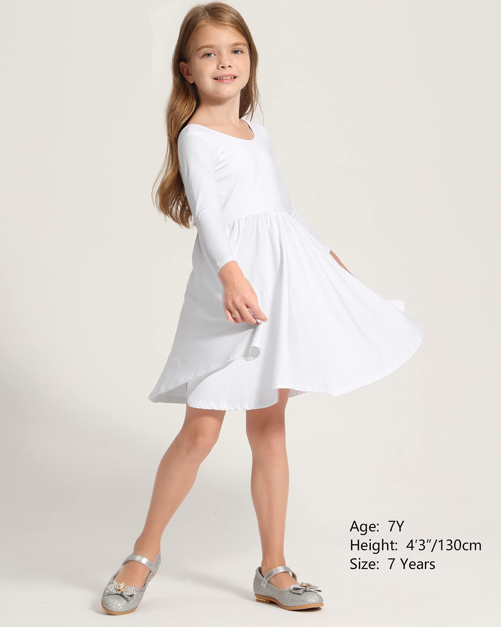 Stelle Long Sleeve Girls Cotton A-Line Dress - White Skater Twirl Toddler Dress for School, Casual & Easter | Perfect for Playdates, Parties & Special Occasions